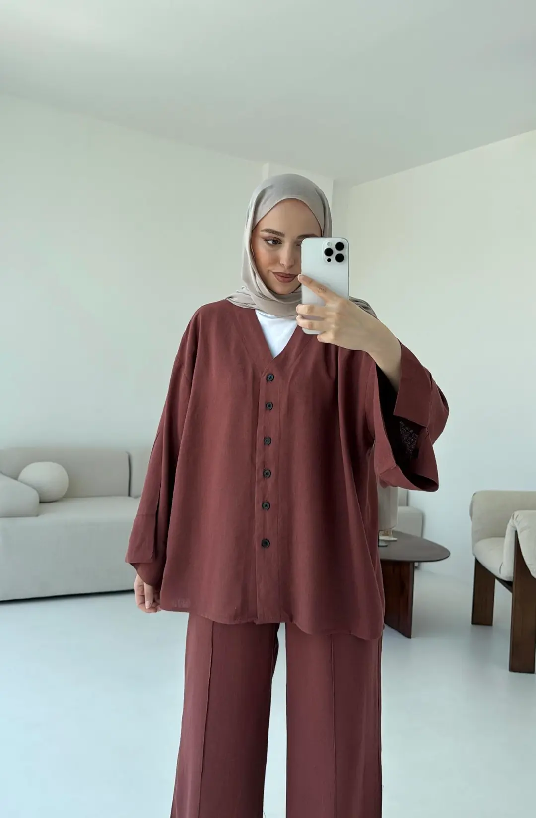 Düğmeli Kimono Takım Kiremit