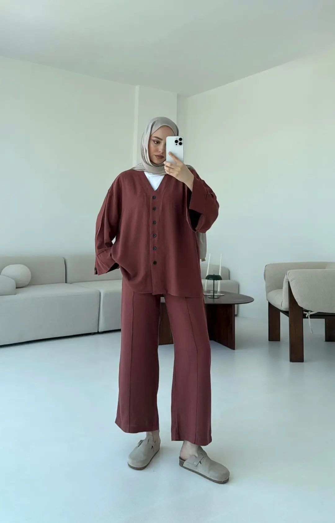 Düğmeli Kimono Takım Kiremit - Görsel 3