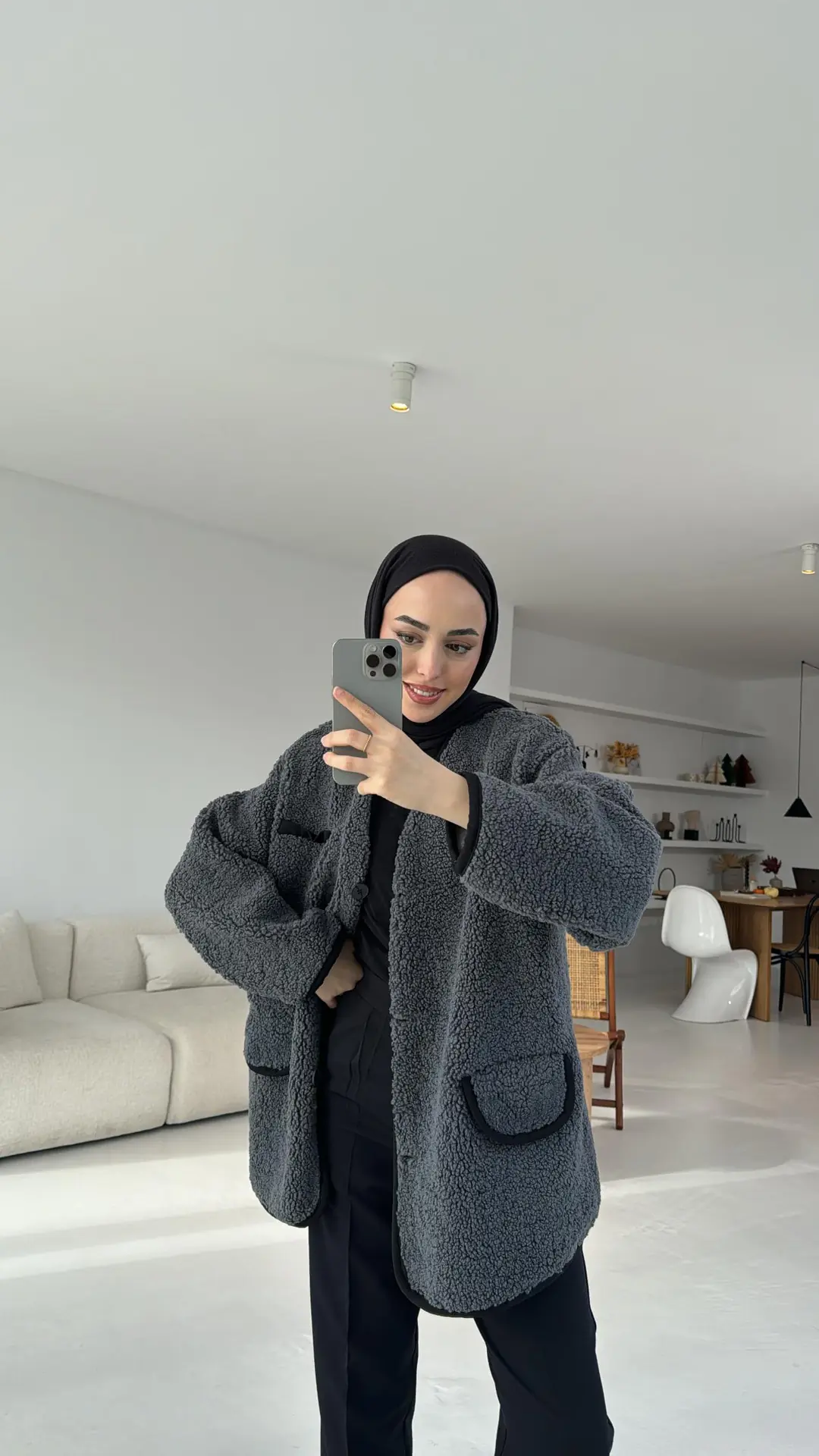 Düğmeli Oversize Teddy Ceket Antrasit