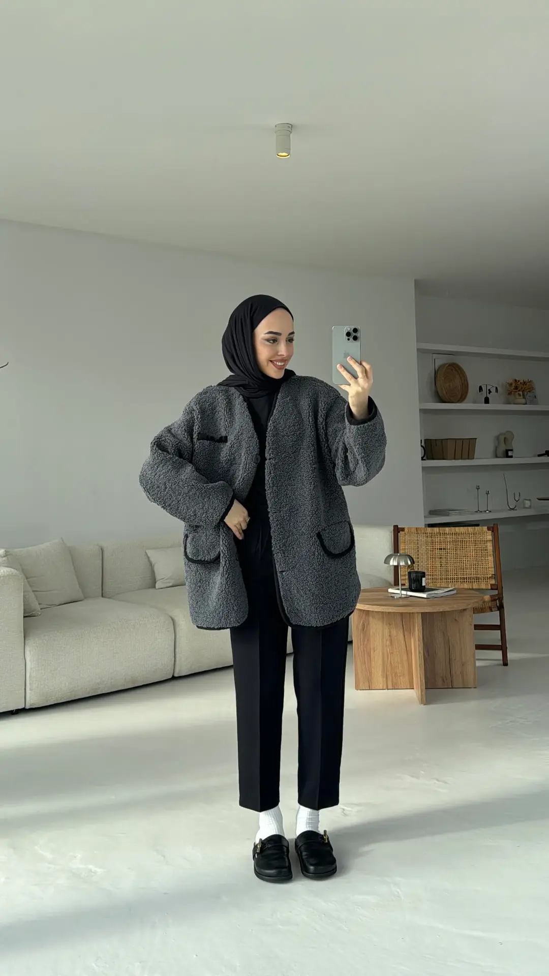 Düğmeli Oversize Teddy Ceket Antrasit - Görsel 2