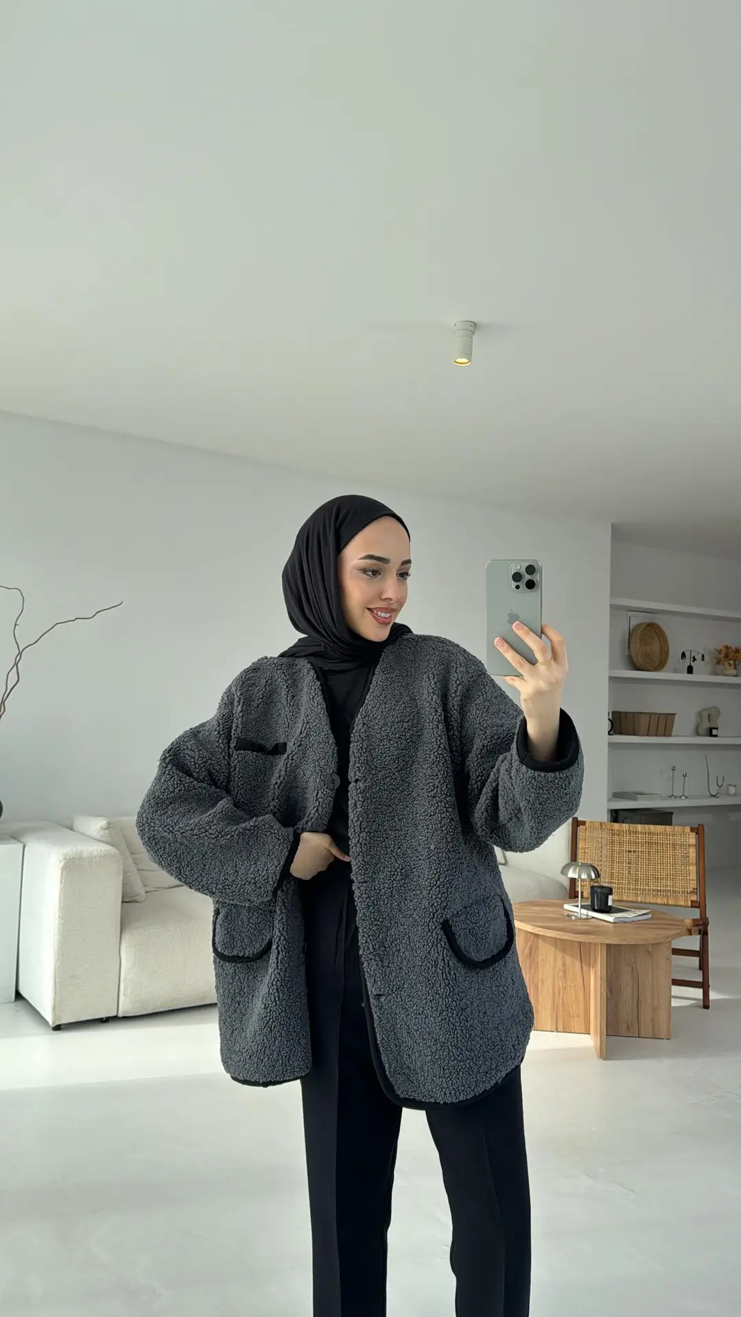 Düğmeli Oversize Teddy Ceket Antrasit - Görsel 4