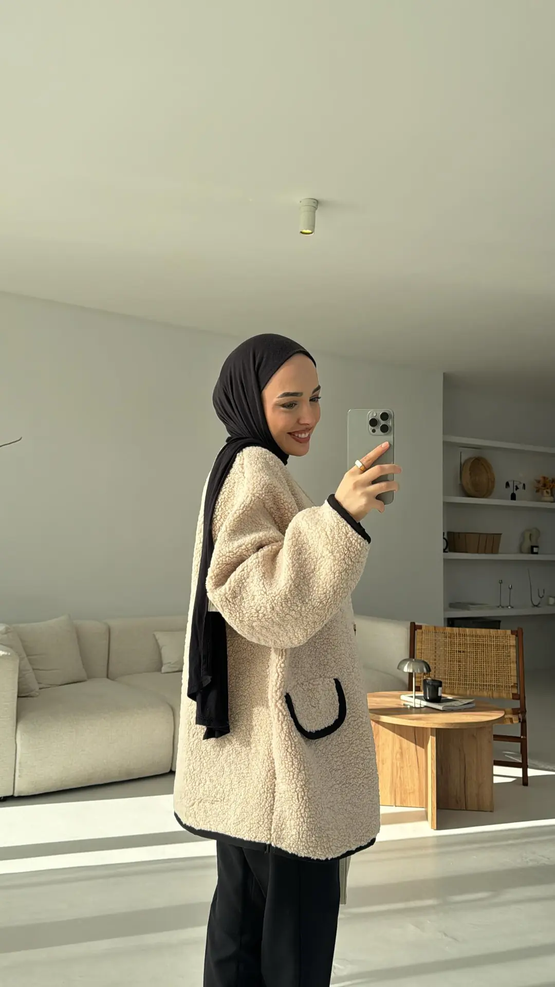 Düğmeli Oversize Teddy Ceket Bej - Görsel 4