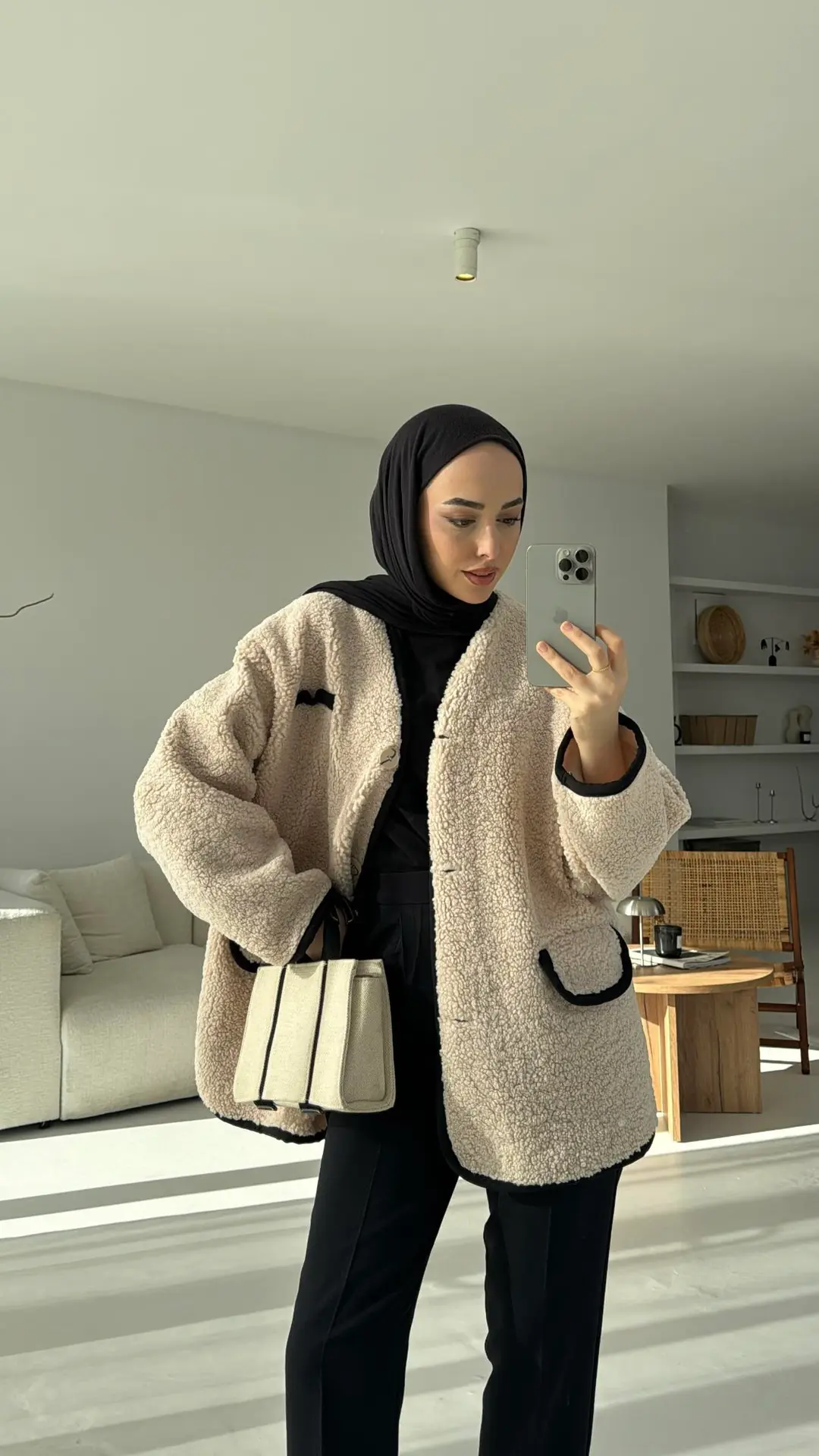 Düğmeli Oversize Teddy Ceket Bej - Görsel 5