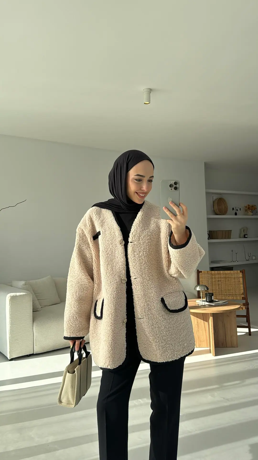 Düğmeli Oversize Teddy Ceket Bej - Görsel 6