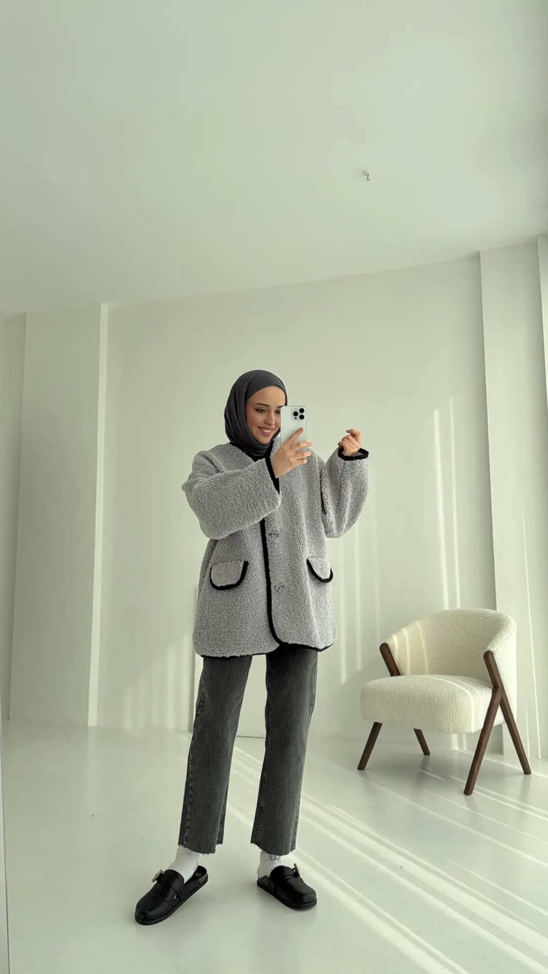 Düğmeli Oversize Teddy Ceket Gri