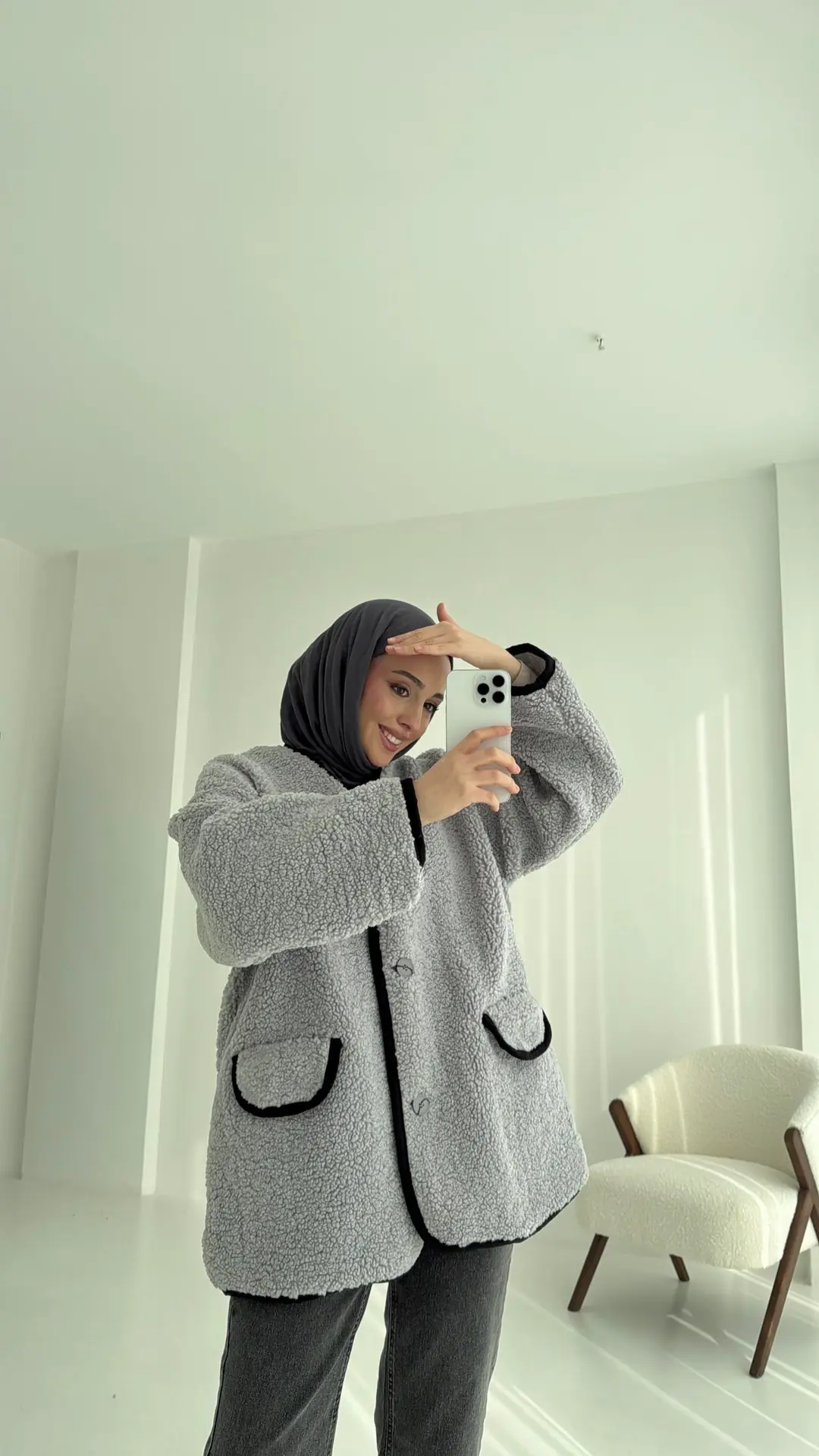 Düğmeli Oversize Teddy Ceket Gri - Görsel 3