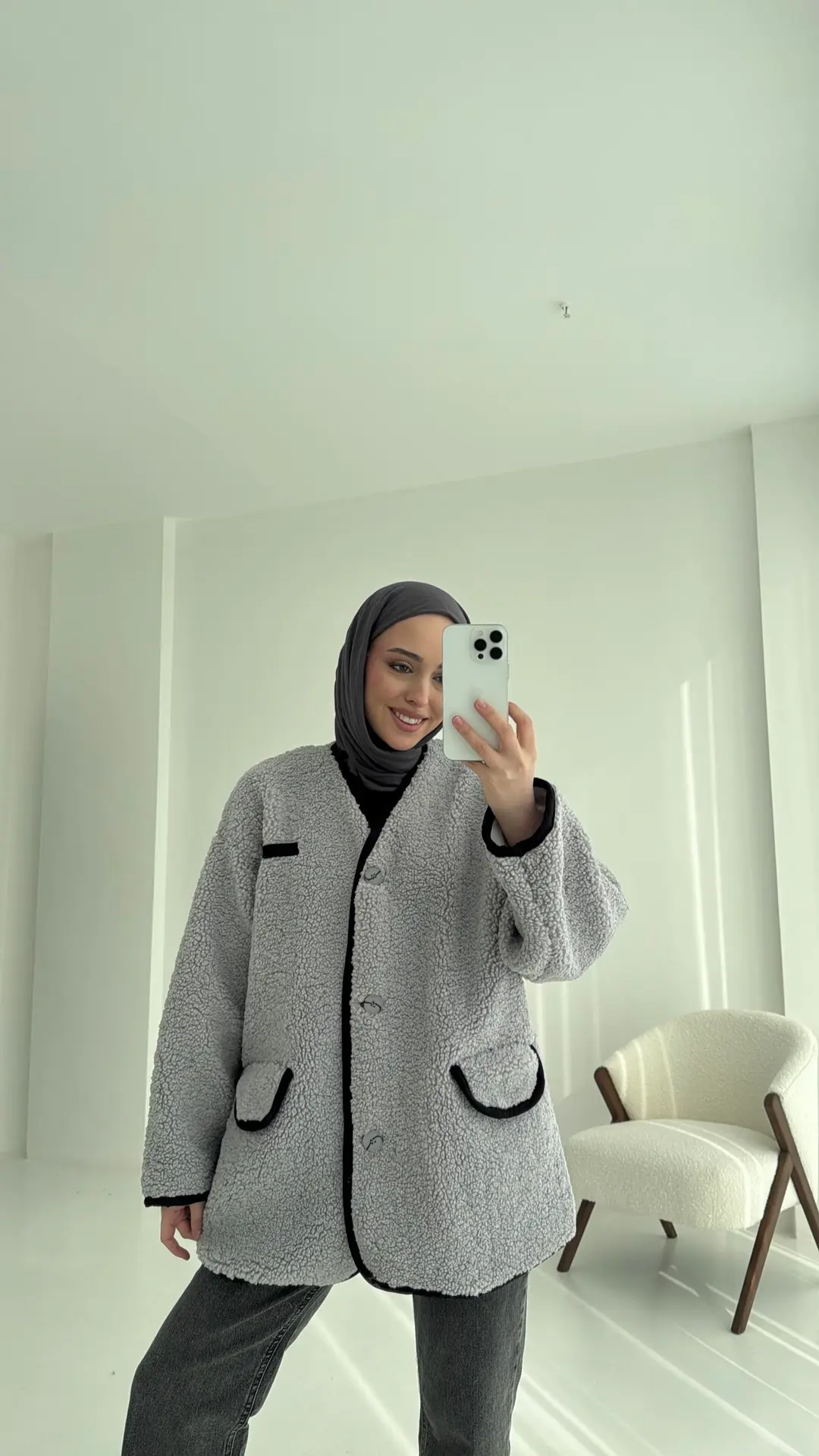 Düğmeli Oversize Teddy Ceket Gri - Görsel 4