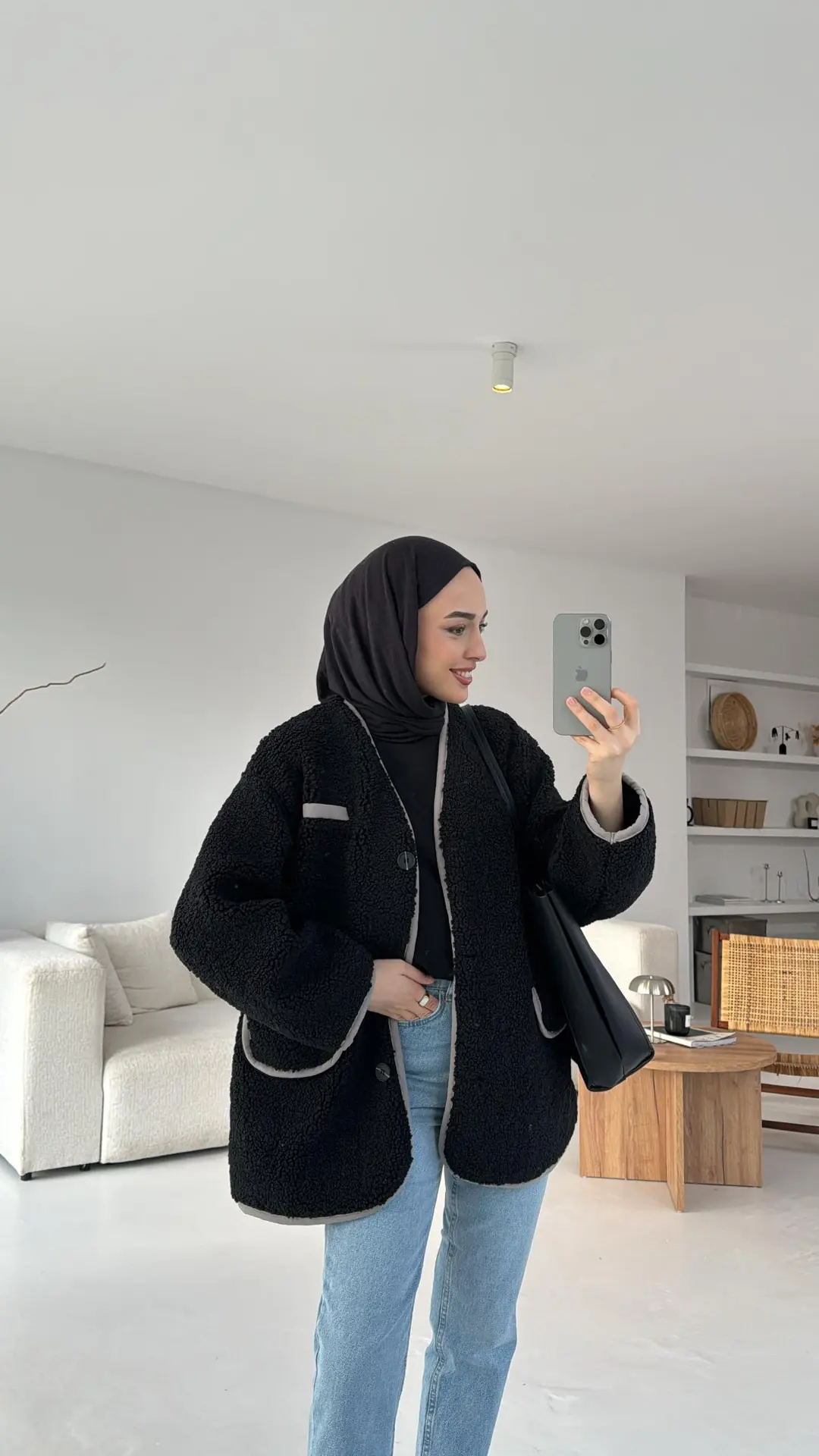 Düğmeli Oversize Teddy Ceket Siyah