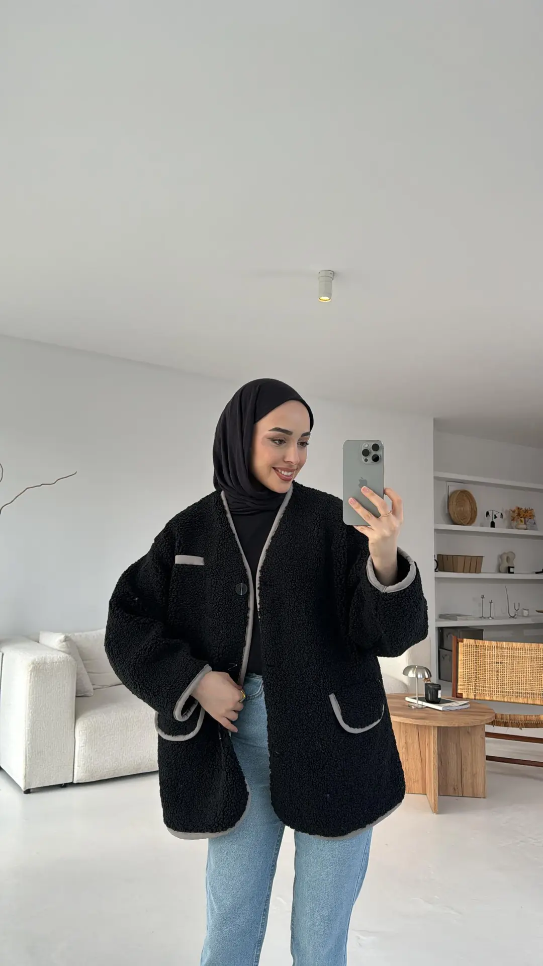 Düğmeli Oversize Teddy Ceket Siyah - Görsel 4