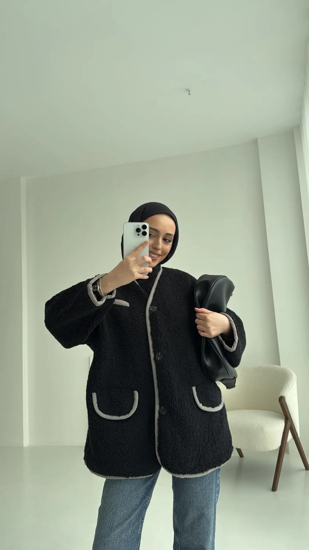 Düğmeli Oversize Teddy Ceket Siyah - Görsel 2