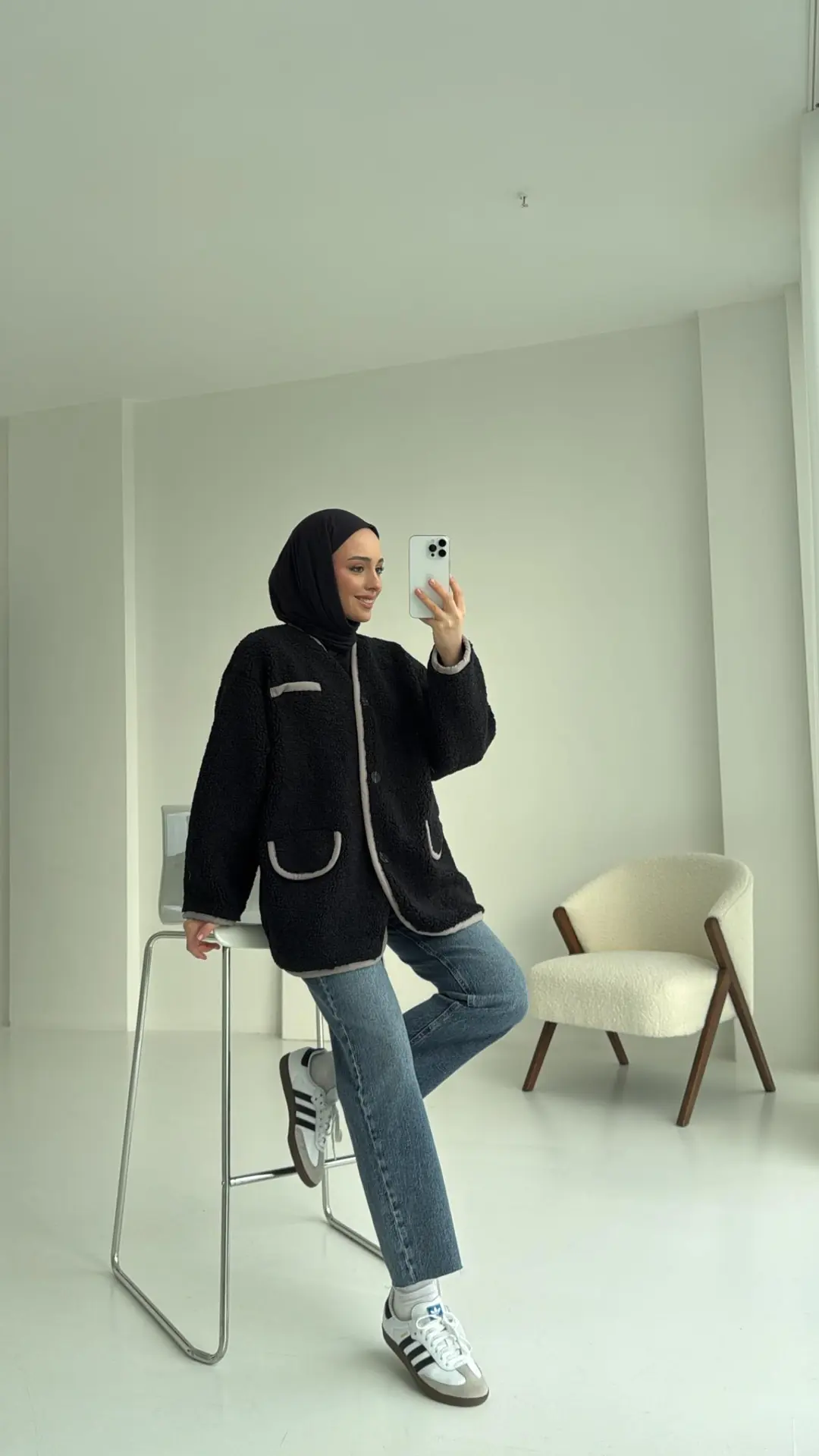 Düğmeli Oversize Teddy Ceket Siyah - Görsel 3