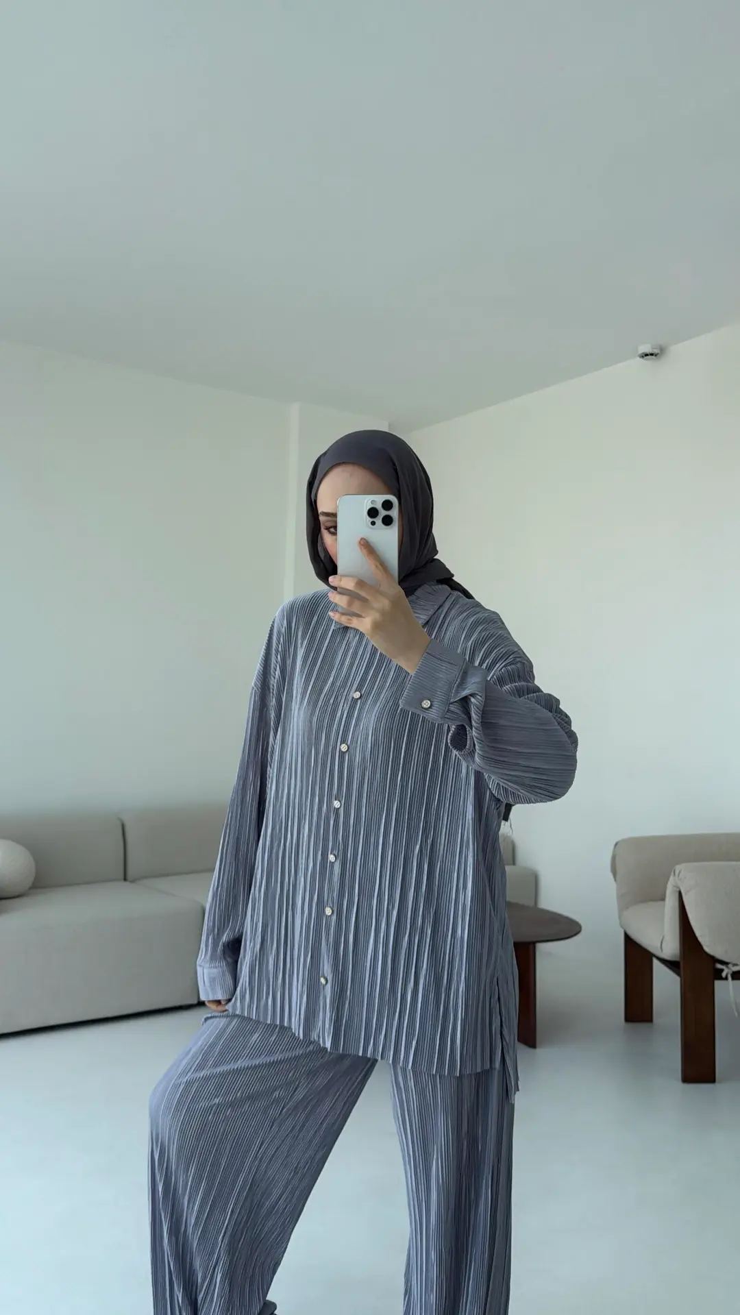 Düğmeli Piliseli Takım Gri - Görsel 3