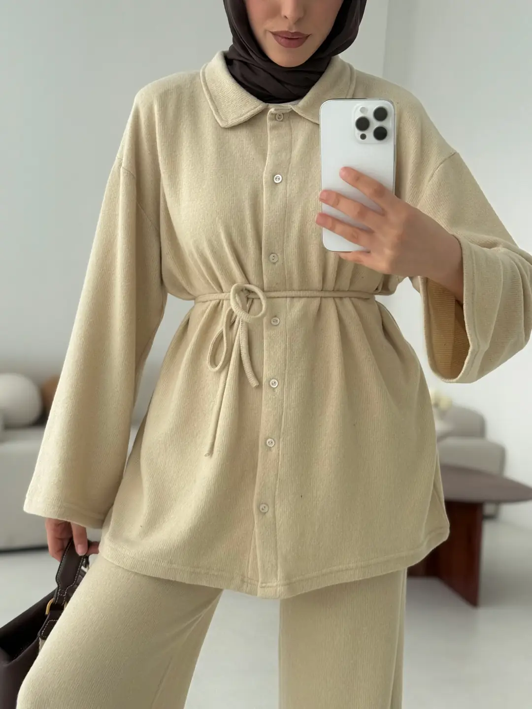 Düğmeli Süprem Takım Bej - Görsel 7