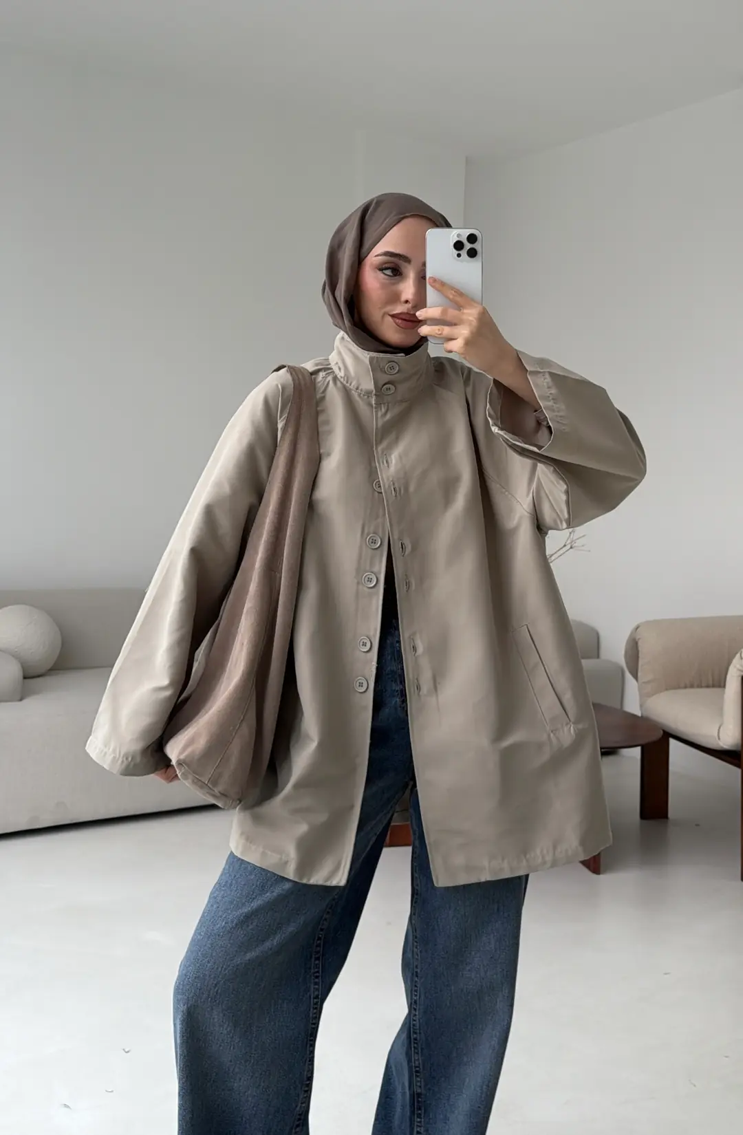 Düğmeli Trençkot Taş