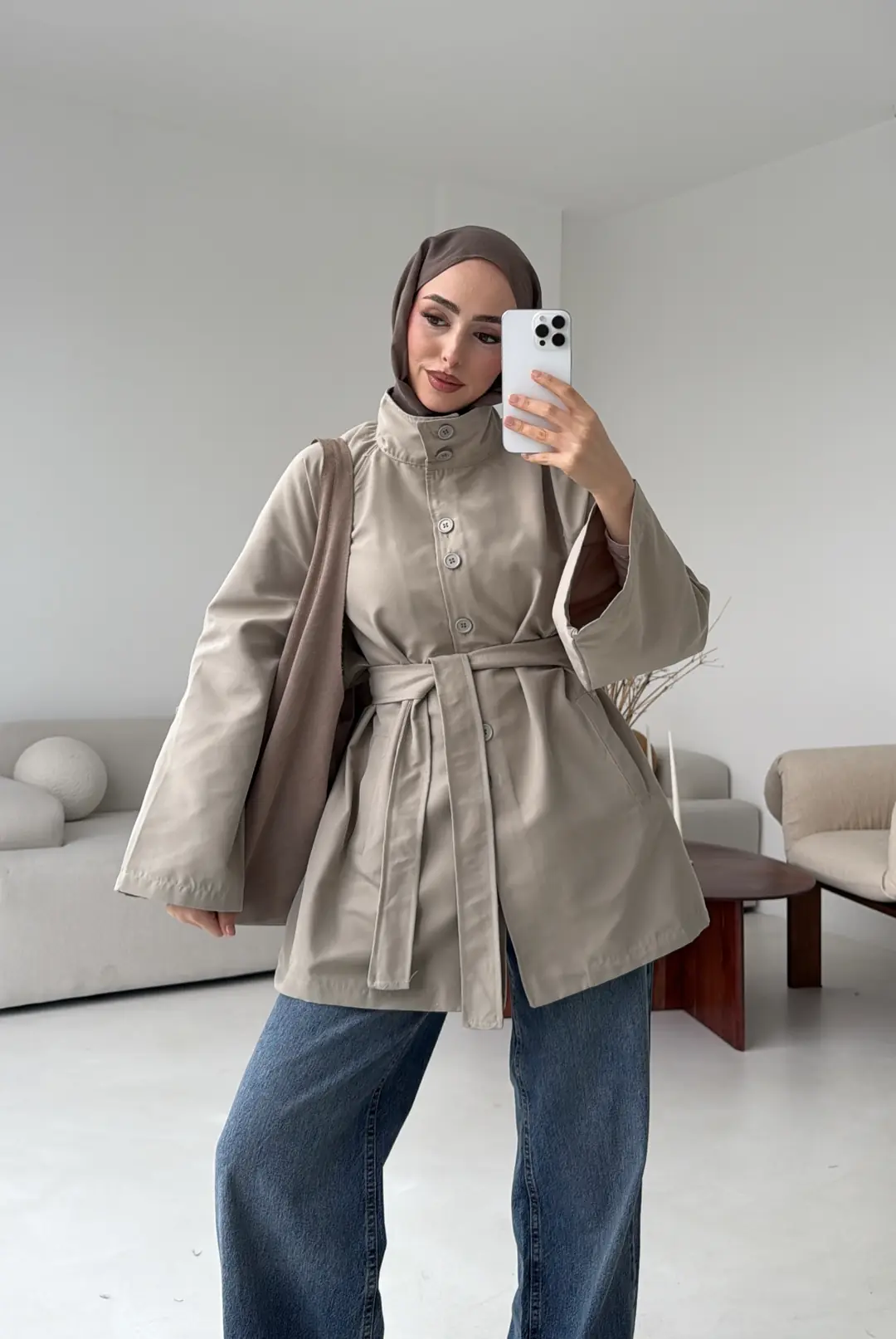 Düğmeli Trençkot Taş - Görsel 3