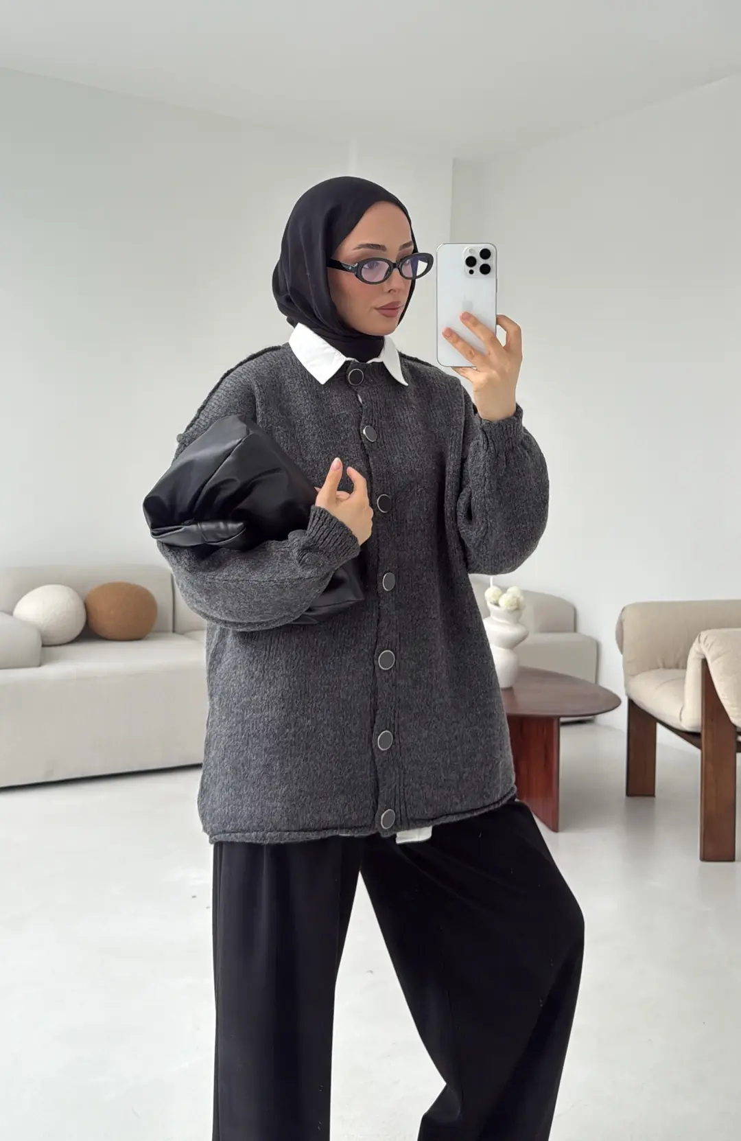 Düğmeli Triko Hırka Antrasit