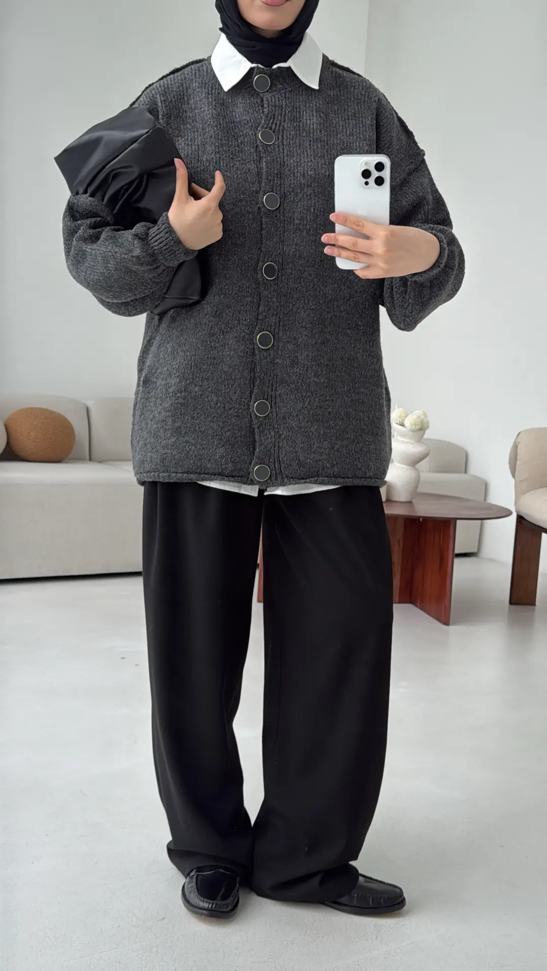 Düğmeli Triko Hırka Antrasit - Görsel 5