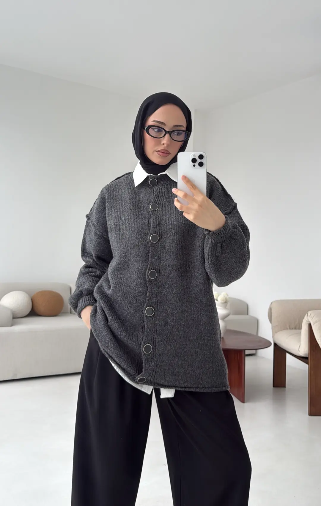 Düğmeli Triko Hırka Antrasit - Görsel 8