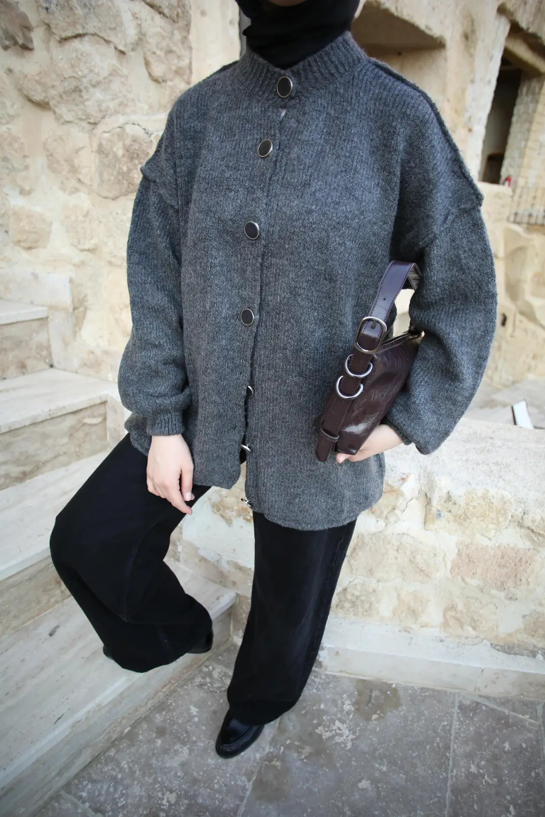 Düğmeli Triko Hırka Gri - Görsel 5