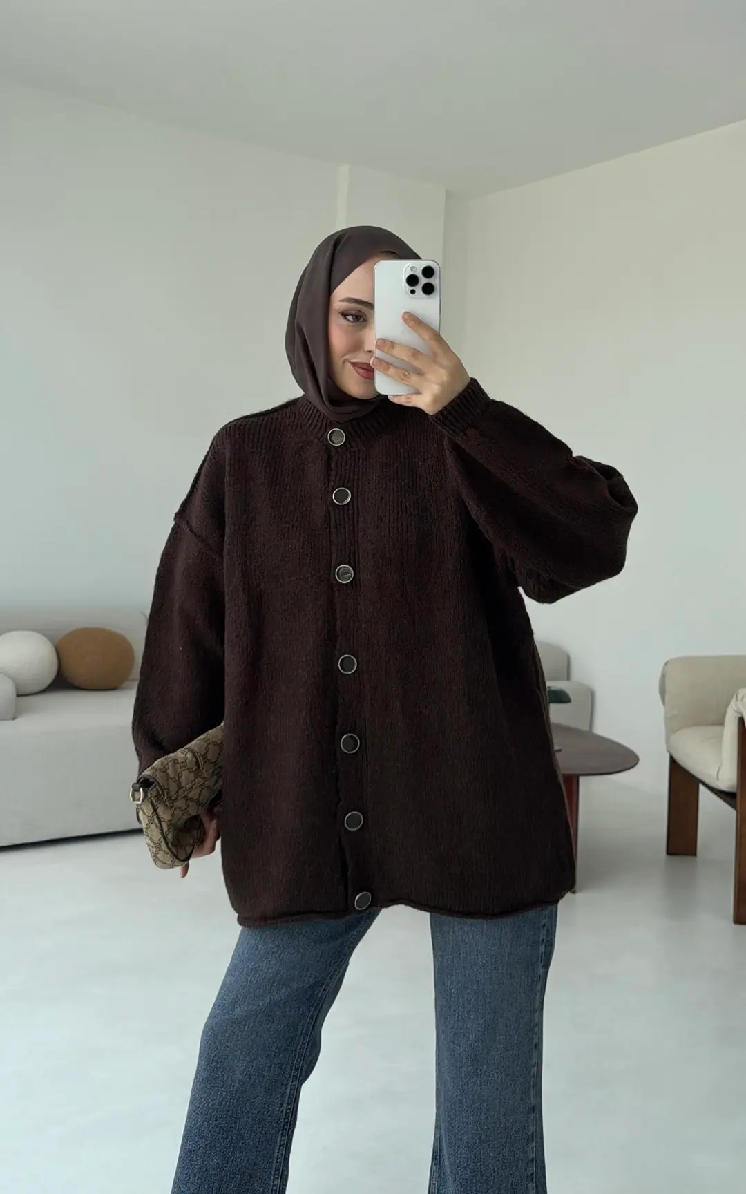 Düğmeli Triko Hırka Kahve