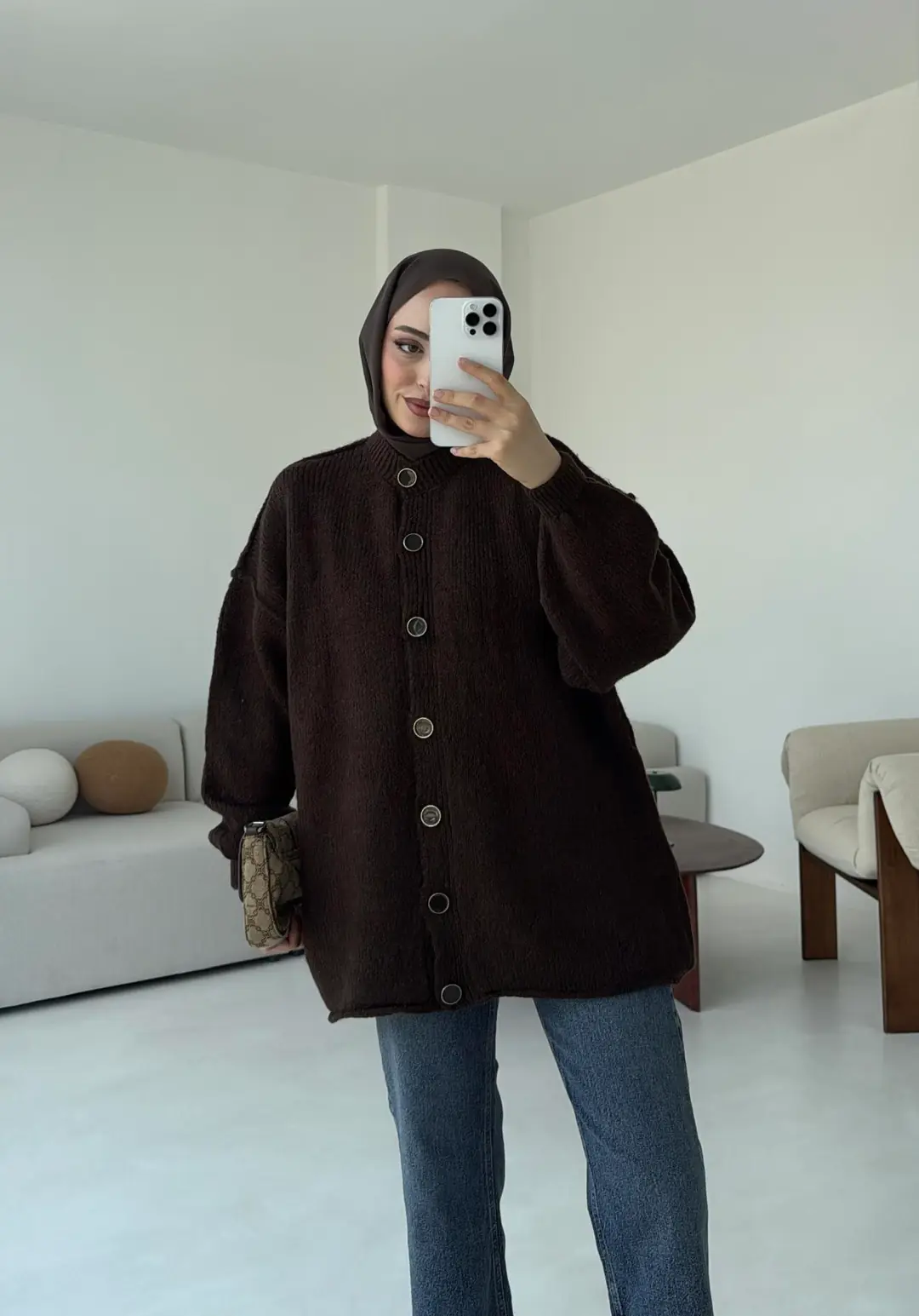 Düğmeli Triko Hırka Kahve - Görsel 2