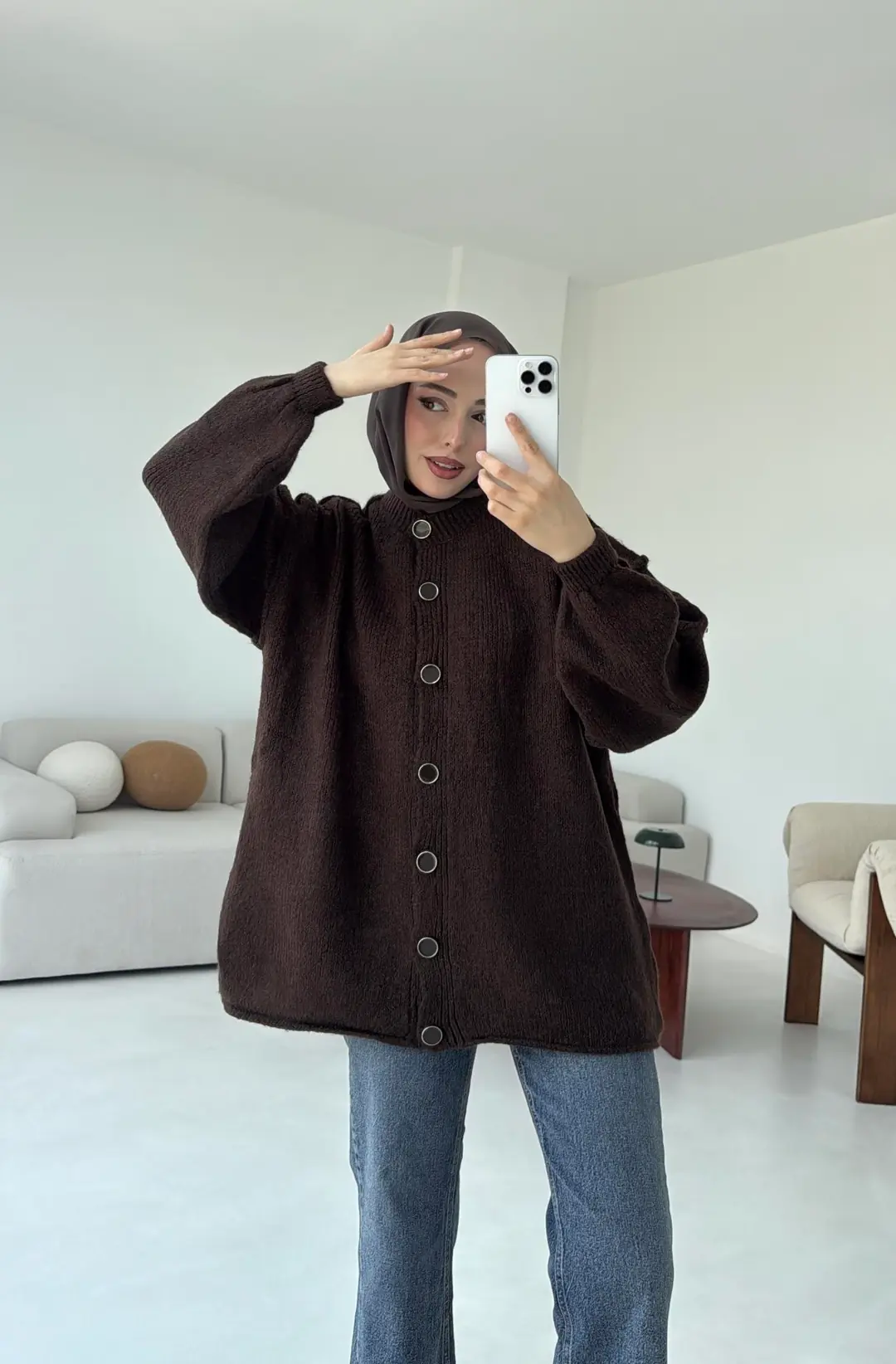 Düğmeli Triko Hırka Kahve - Görsel 7