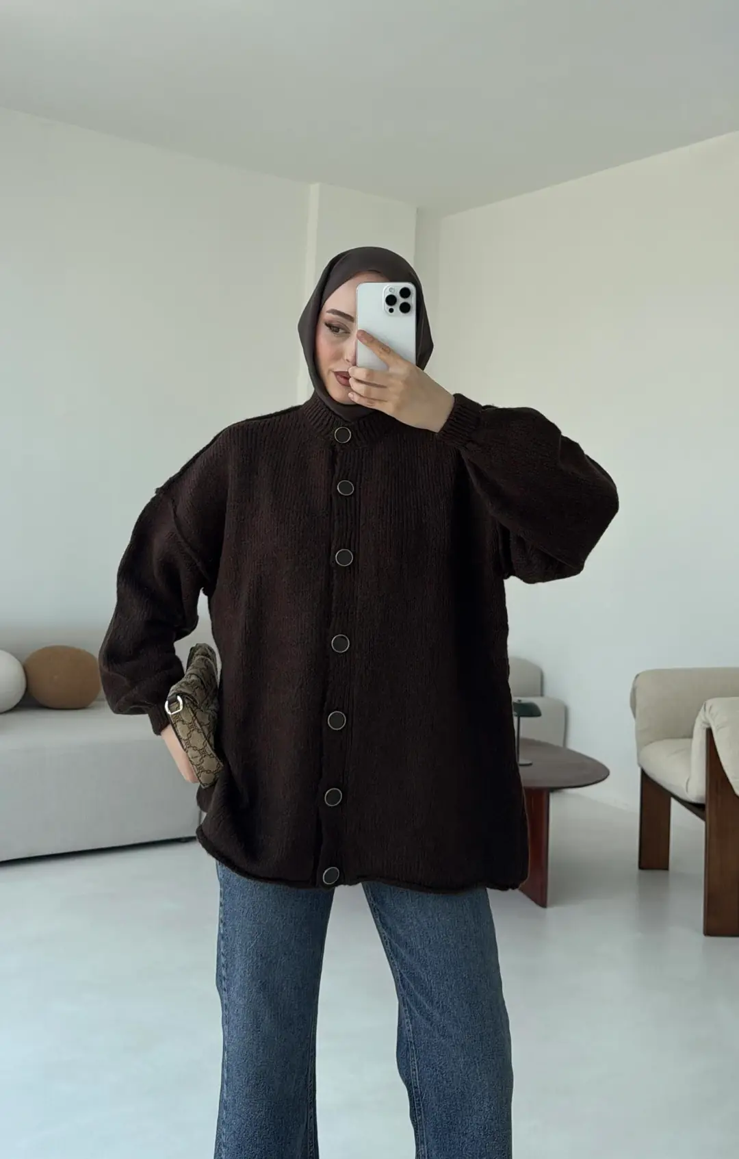 Düğmeli Triko Hırka Kahve - Görsel 8