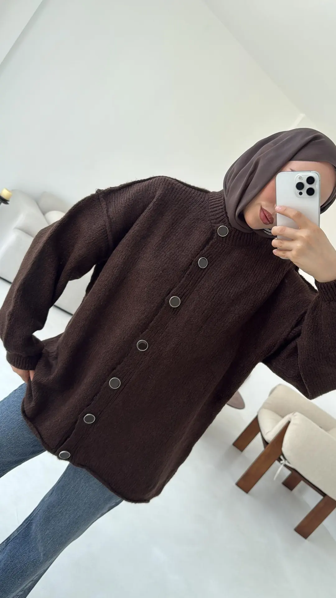 Düğmeli Triko Hırka Kahve - Görsel 9