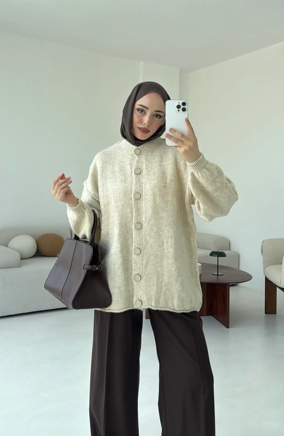 Düğmeli Triko Hırka Krem - Görsel 5