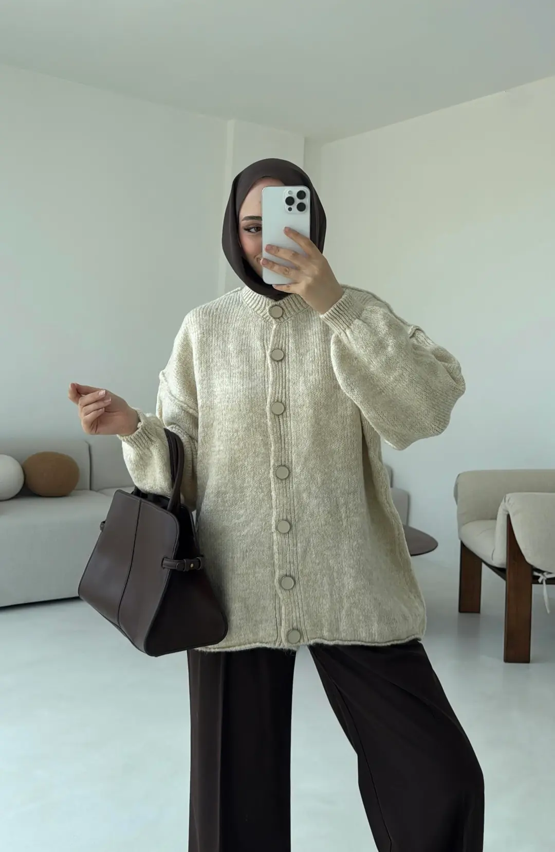 Düğmeli Triko Hırka Krem - Görsel 6