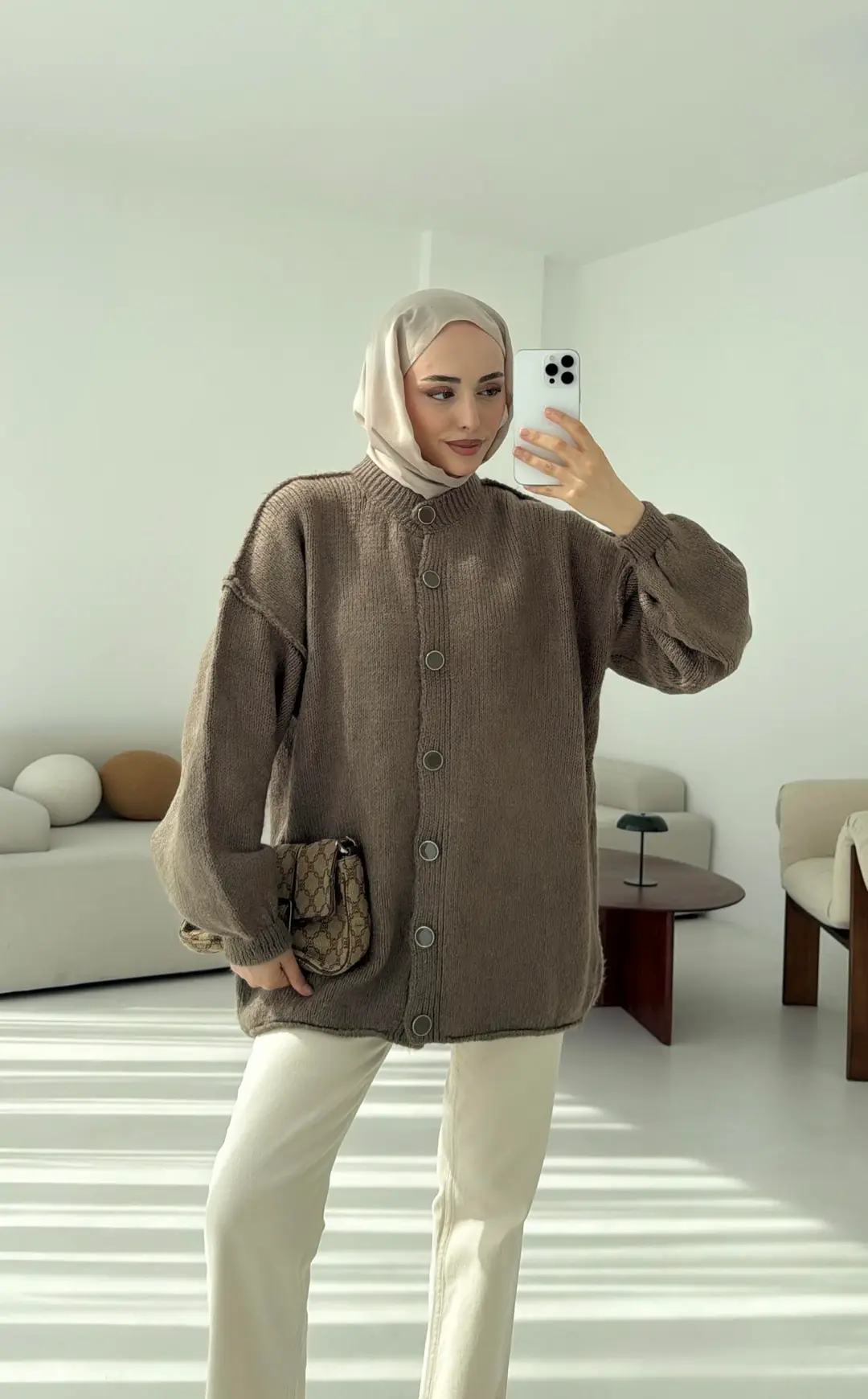 Düğmeli Triko Hırka Vizon - Görsel 5