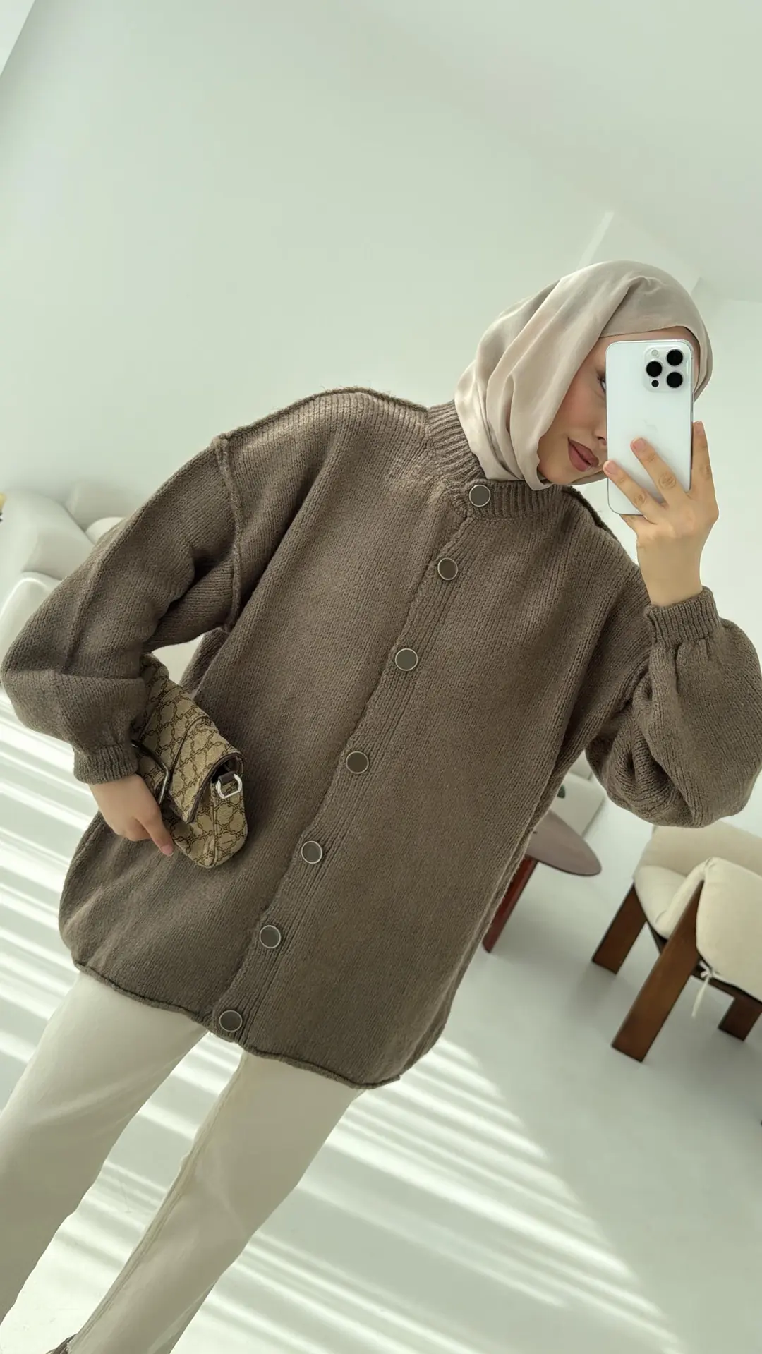 Düğmeli Triko Hırka Vizon - Görsel 6