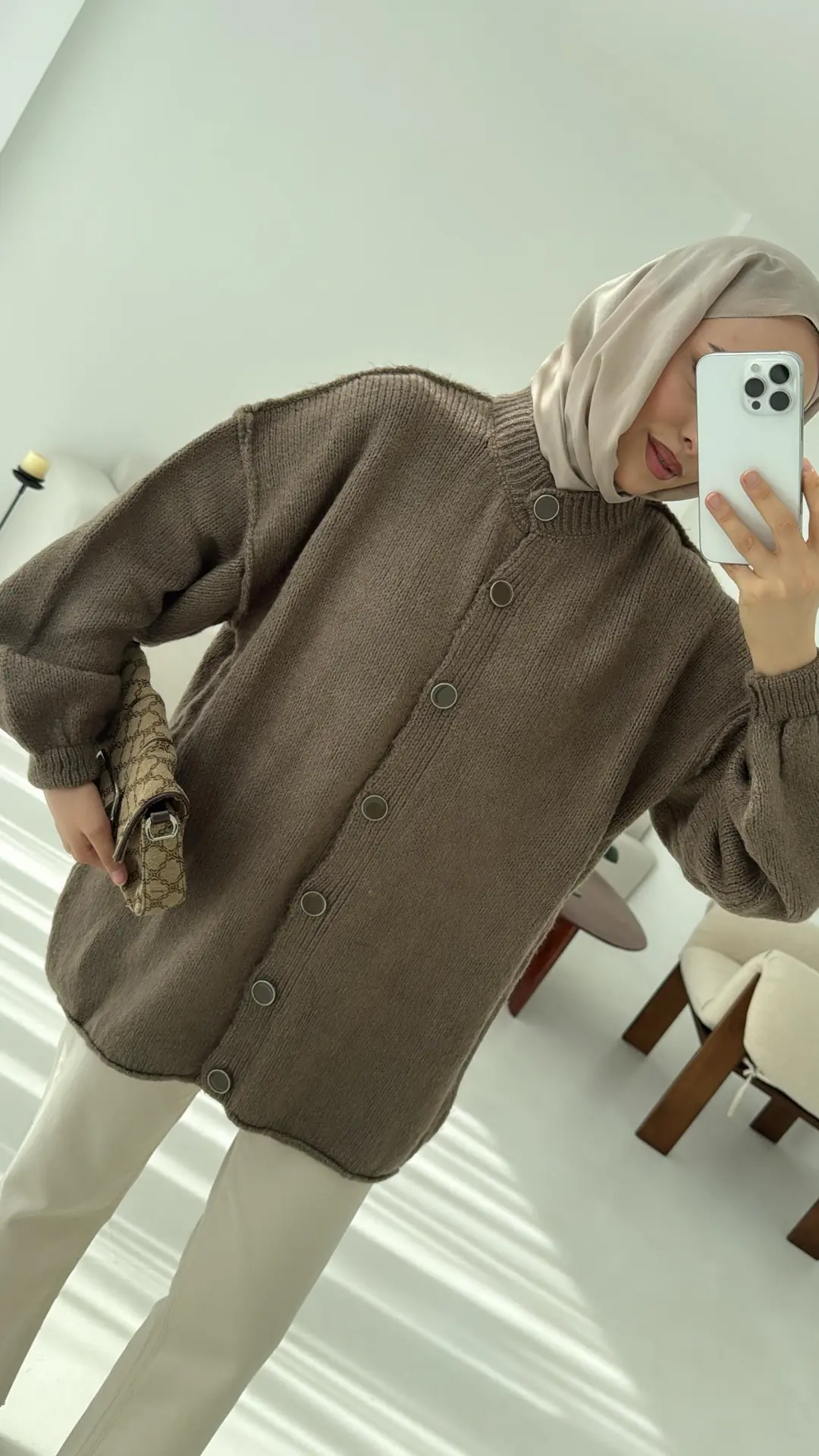 Düğmeli Triko Hırka Vizon - Görsel 7