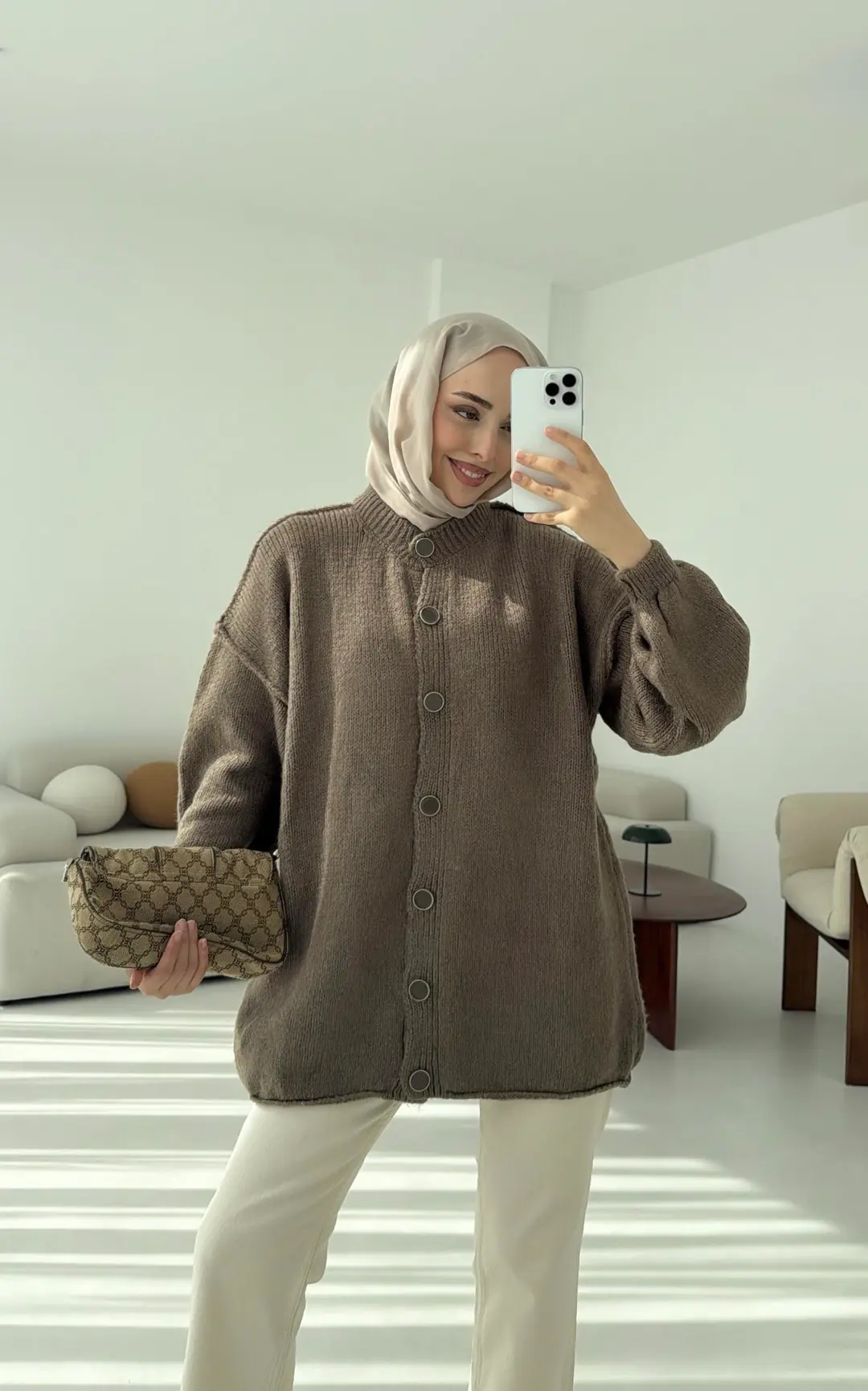 Düğmeli Triko Hırka Vizon - Görsel 8