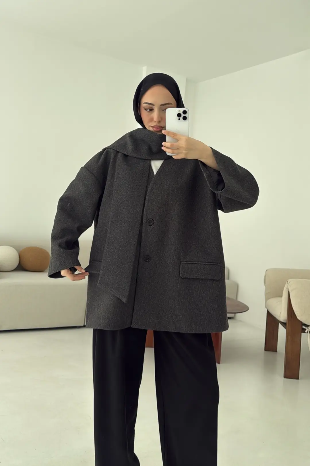 Düşük Omuz Atkılı Kaşe Ceket Antrasit - Görsel 3