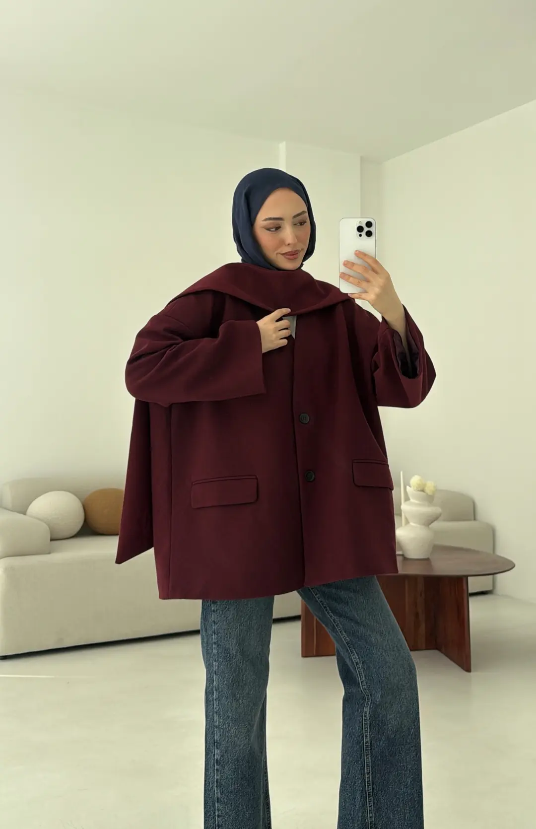 Düşük Omuz Atkılı Kaşe Ceket Bordo