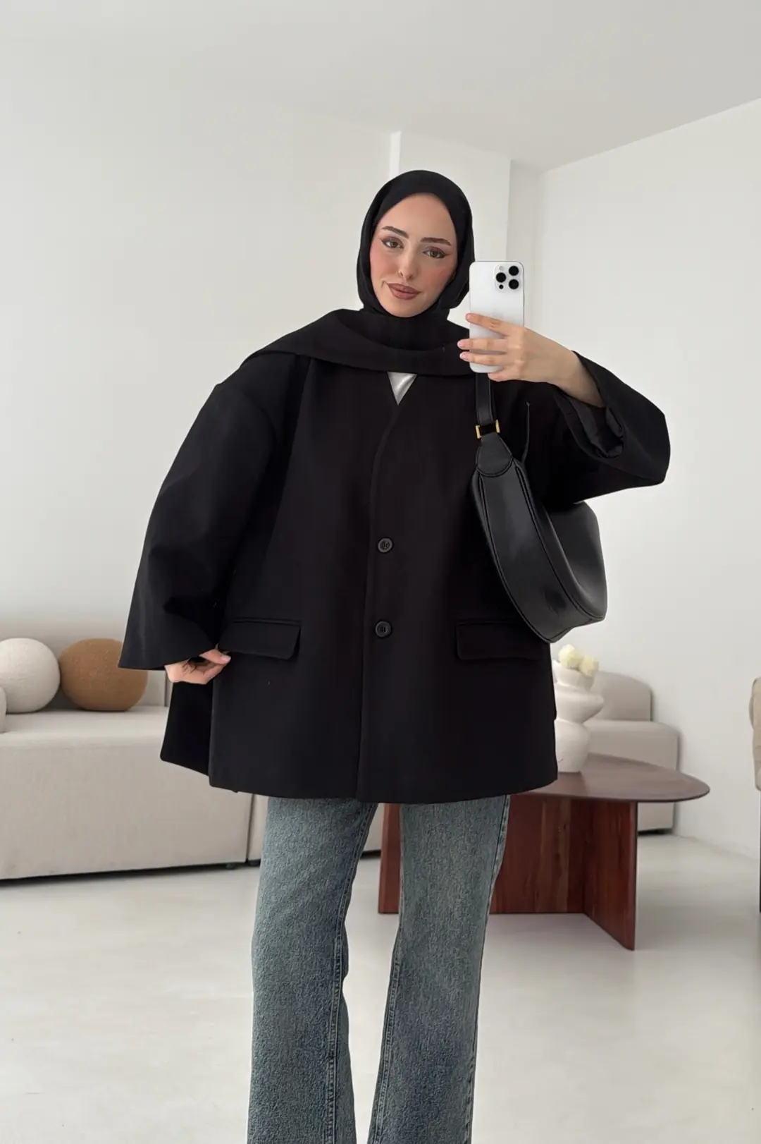 Düşük Omuz Atkılı Kaşe Ceket Siyah