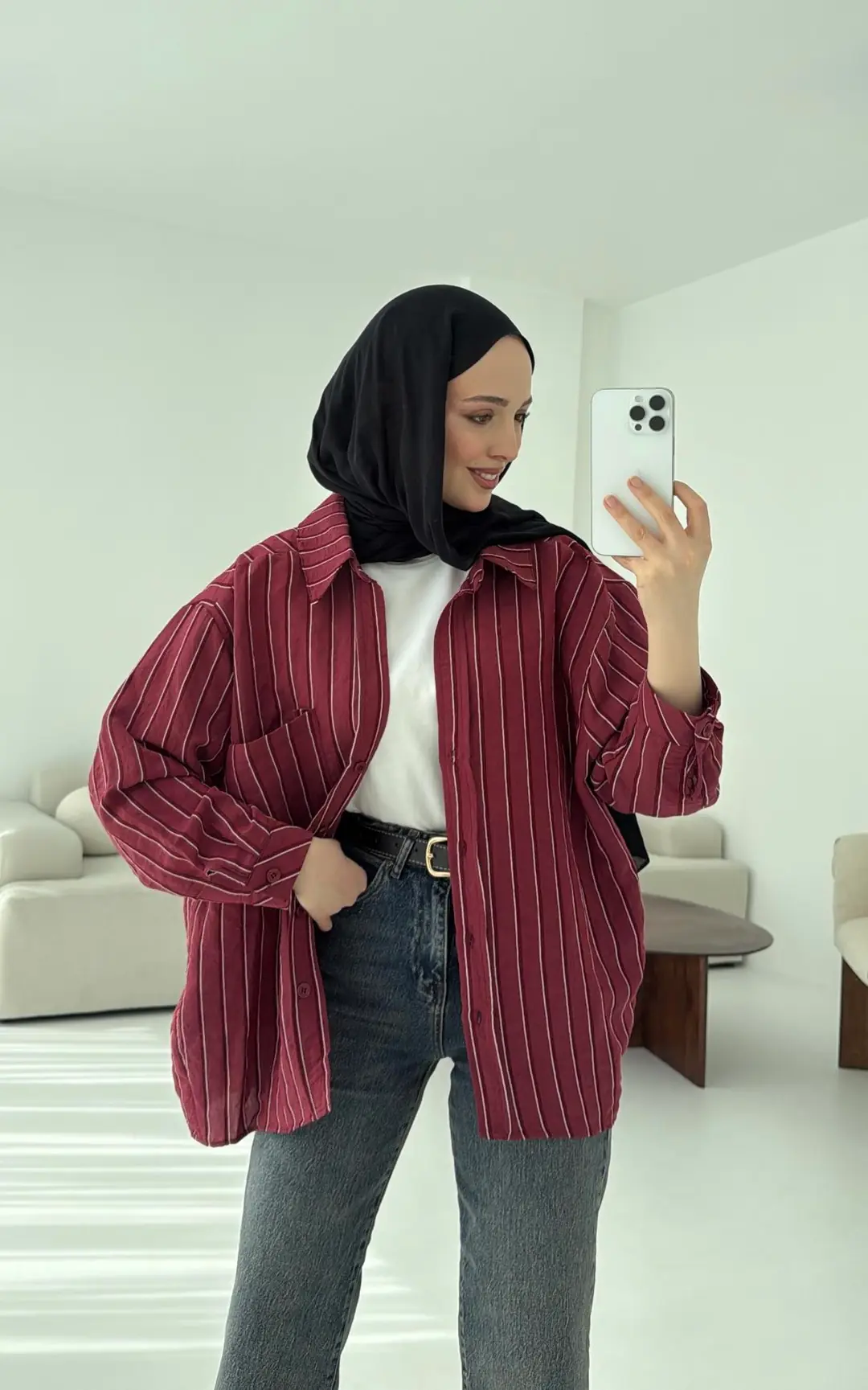 Düşük Omuz Çizgili Gömlek Bordo