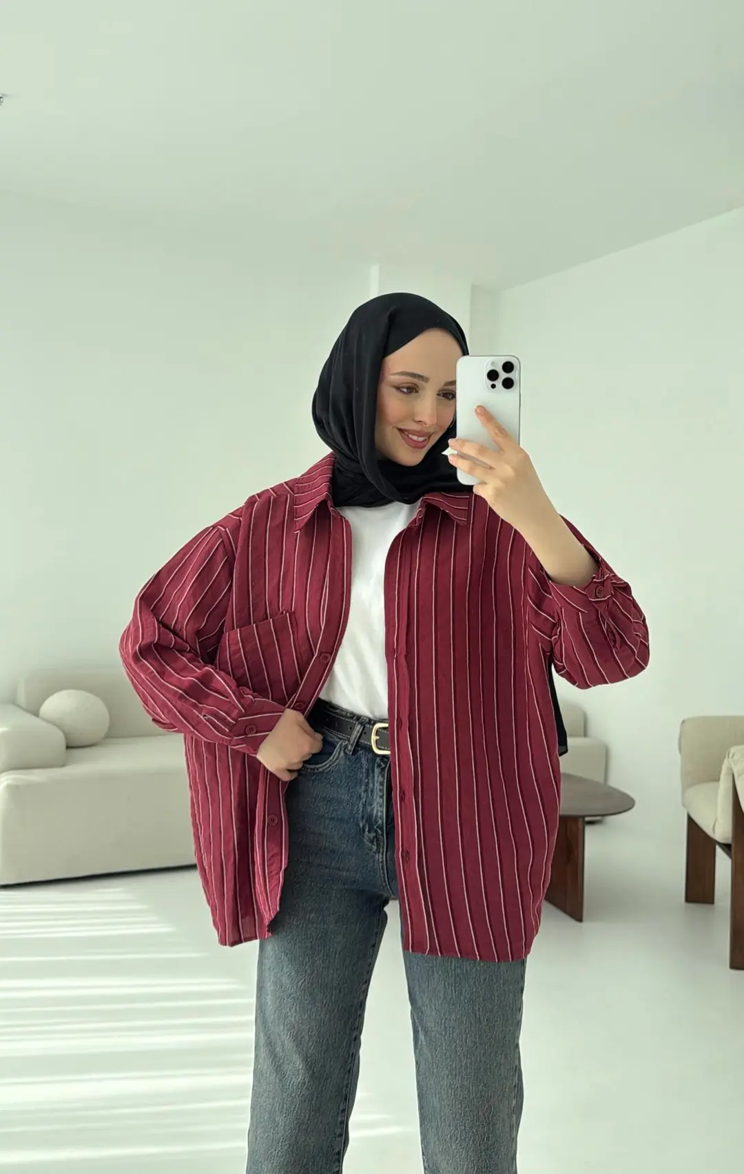 Düşük Omuz Çizgili Gömlek Bordo - Görsel 2