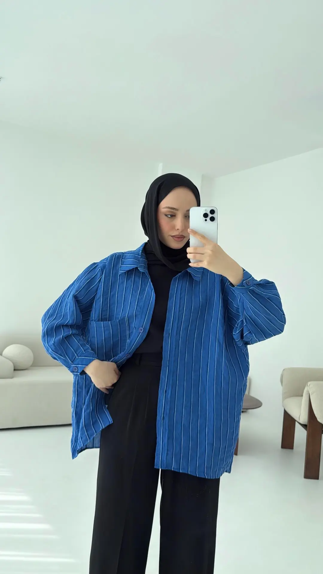 Düşük Omuz Çizgili Gömlek Saks Mavi - Görsel 2