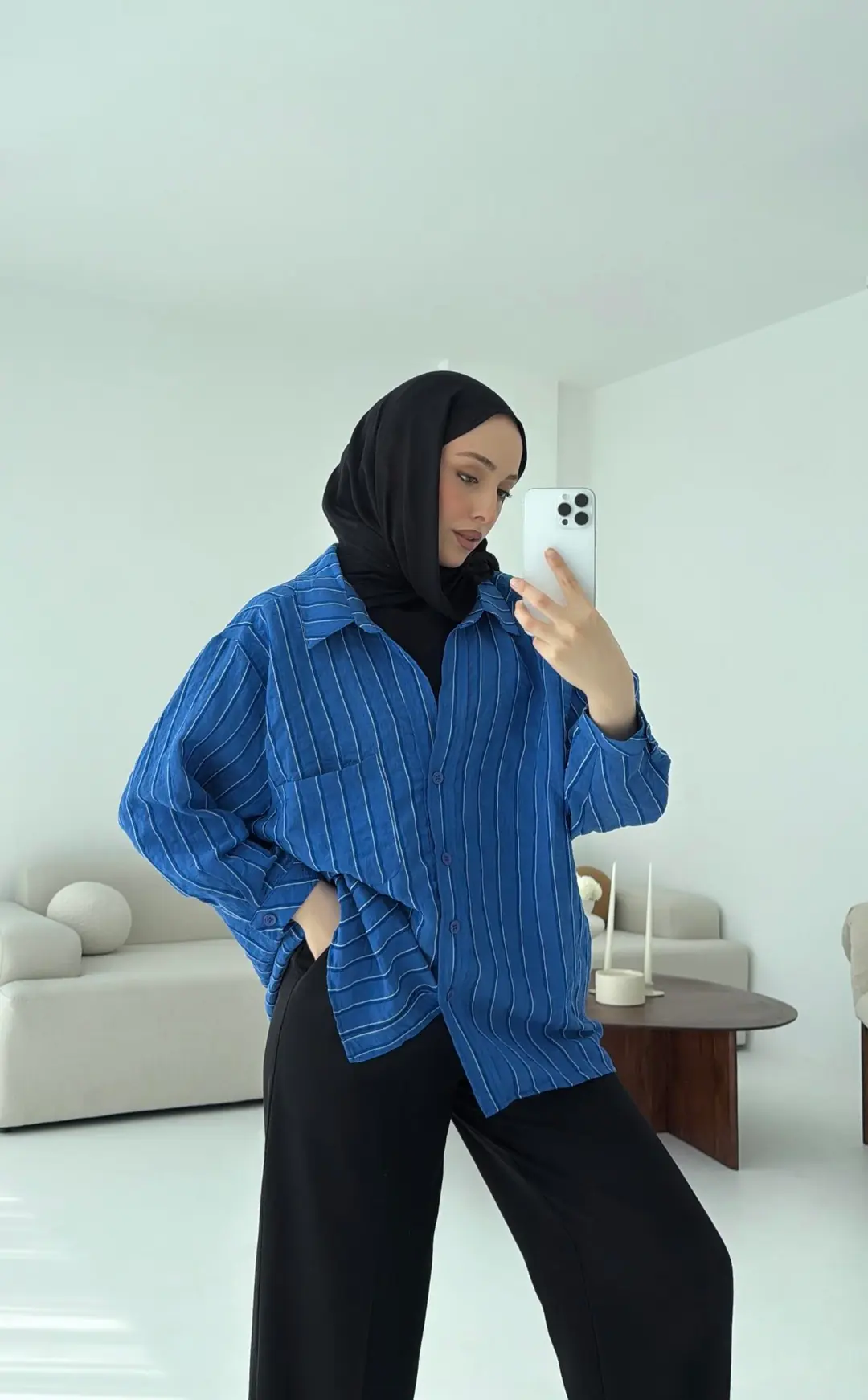 Düşük Omuz Çizgili Gömlek Saks Mavi - Görsel 4