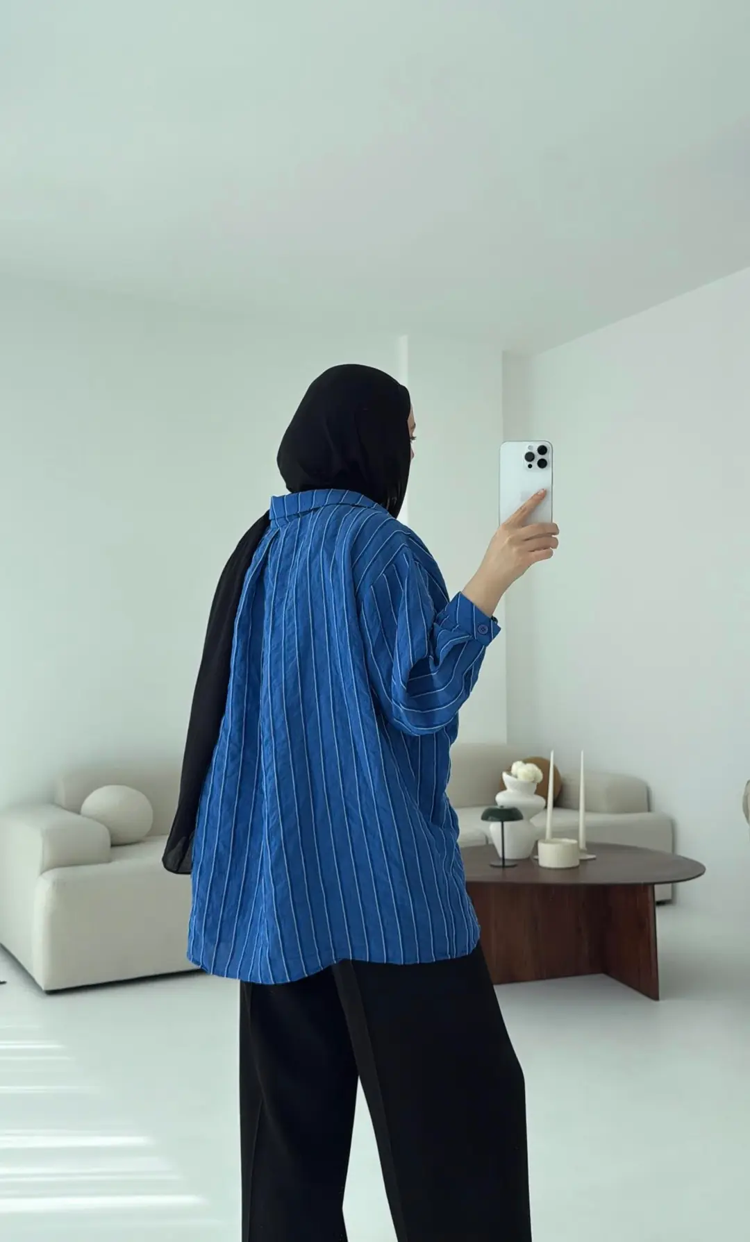 Düşük Omuz Çizgili Gömlek Saks Mavi - Görsel 5