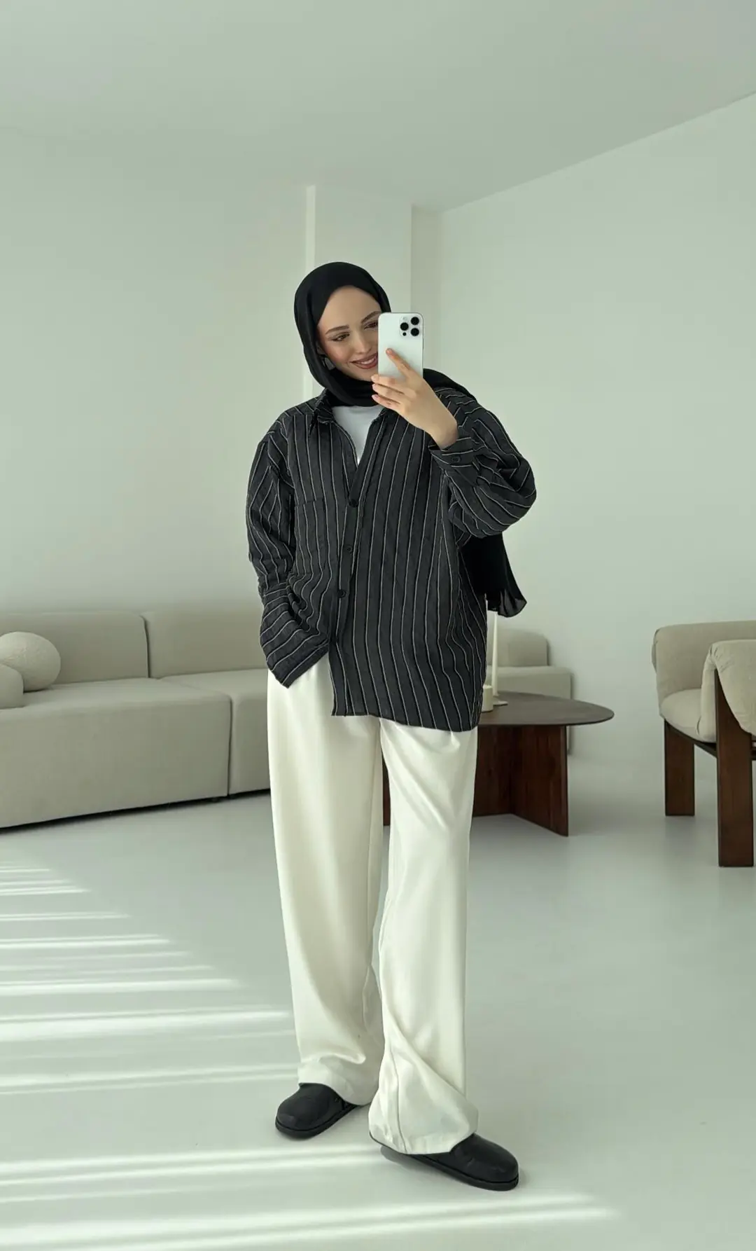 Düşük Omuz Çizgili Gömlek Siyah - Görsel 4