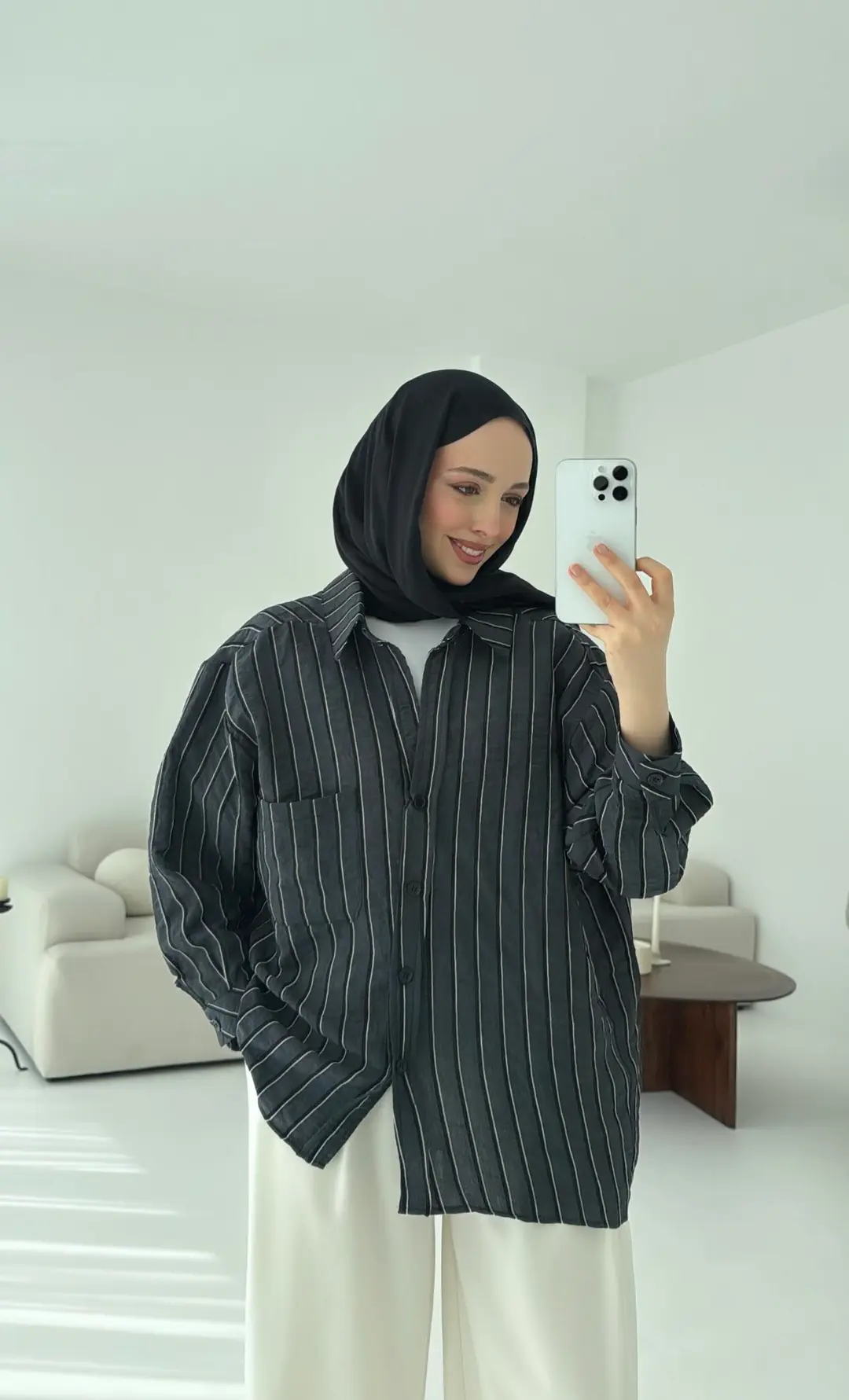 Düşük Omuz Çizgili Gömlek Siyah - Görsel 5