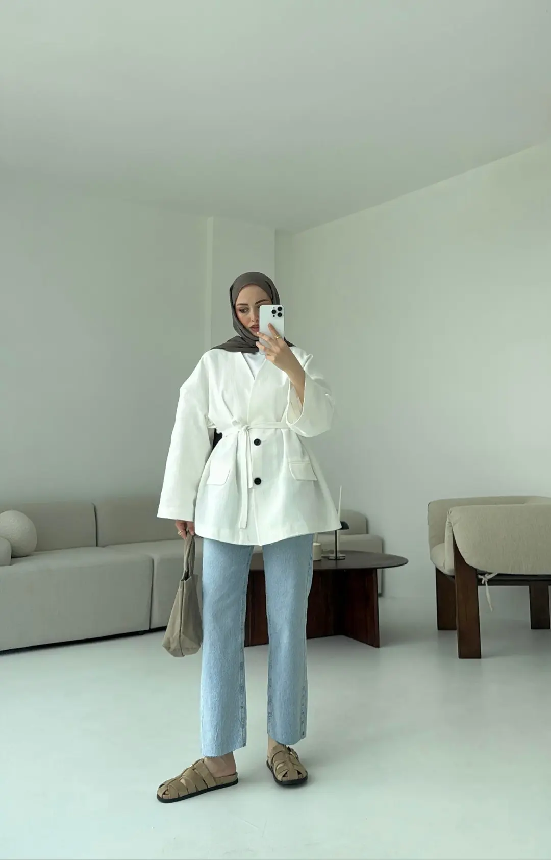 Düşük Omuz Oversize Beyaz Ceket - Görsel 7