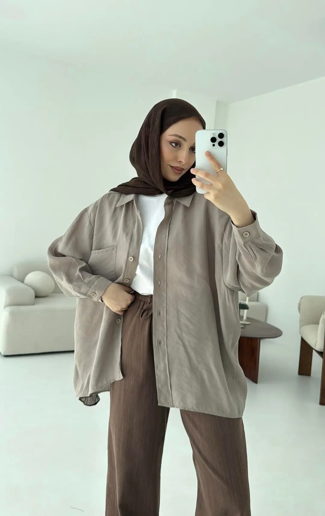 Düşük Omuz Oversize Gömlek Açık Vizon