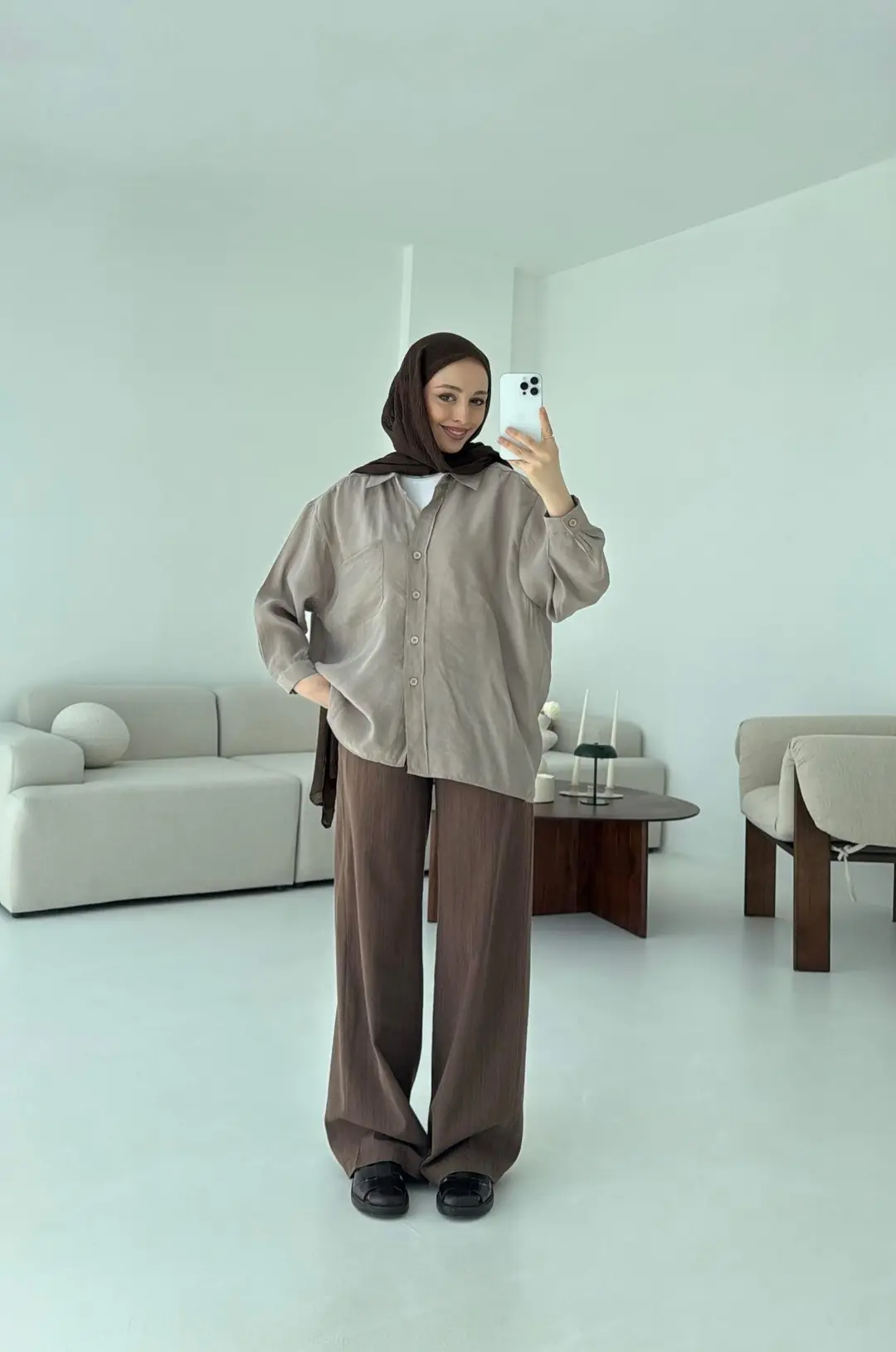 Düşük Omuz Oversize Gömlek Açık Vizon - Görsel 3