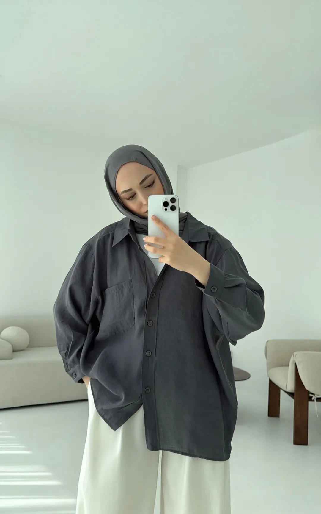 Düşük Omuz Oversize Gömlek Antrasit - Görsel 5