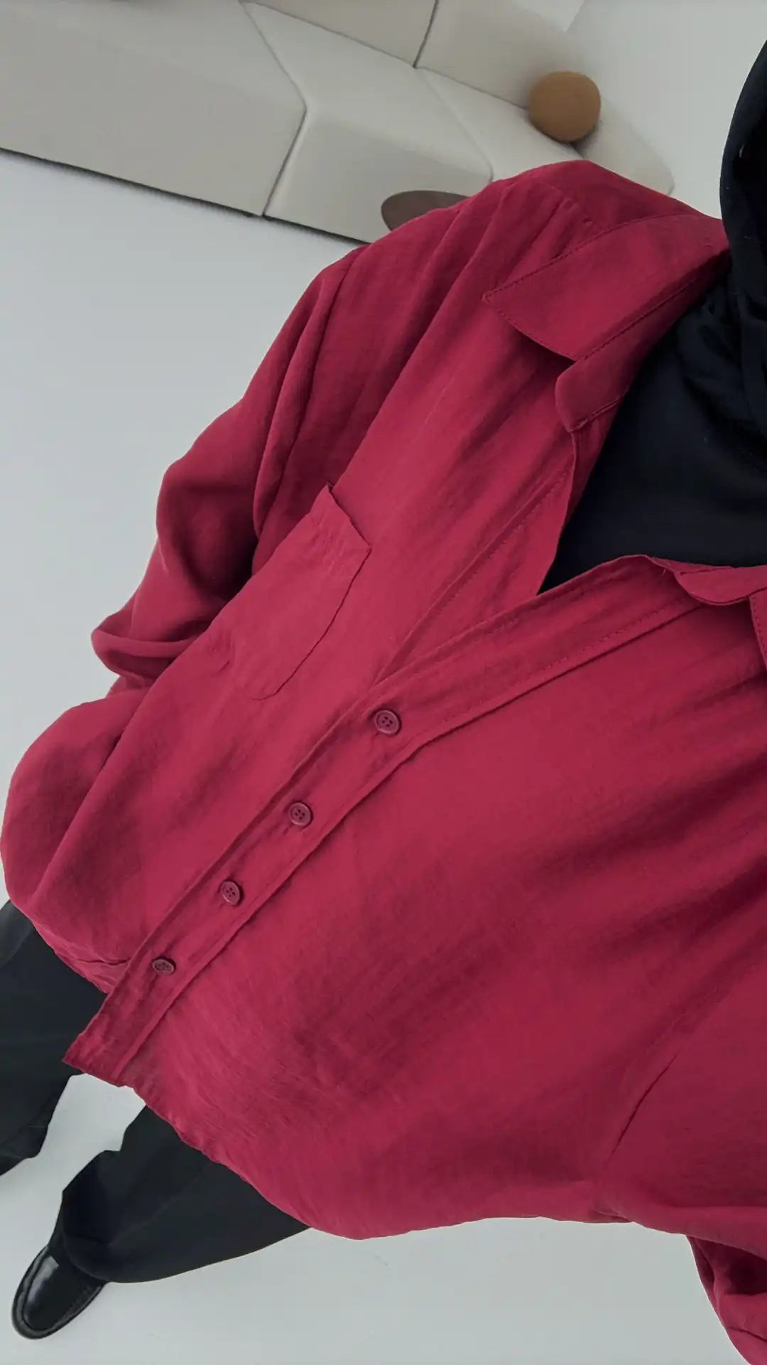 Düşük Omuz Oversize Gömlek Bordo - Görsel 5