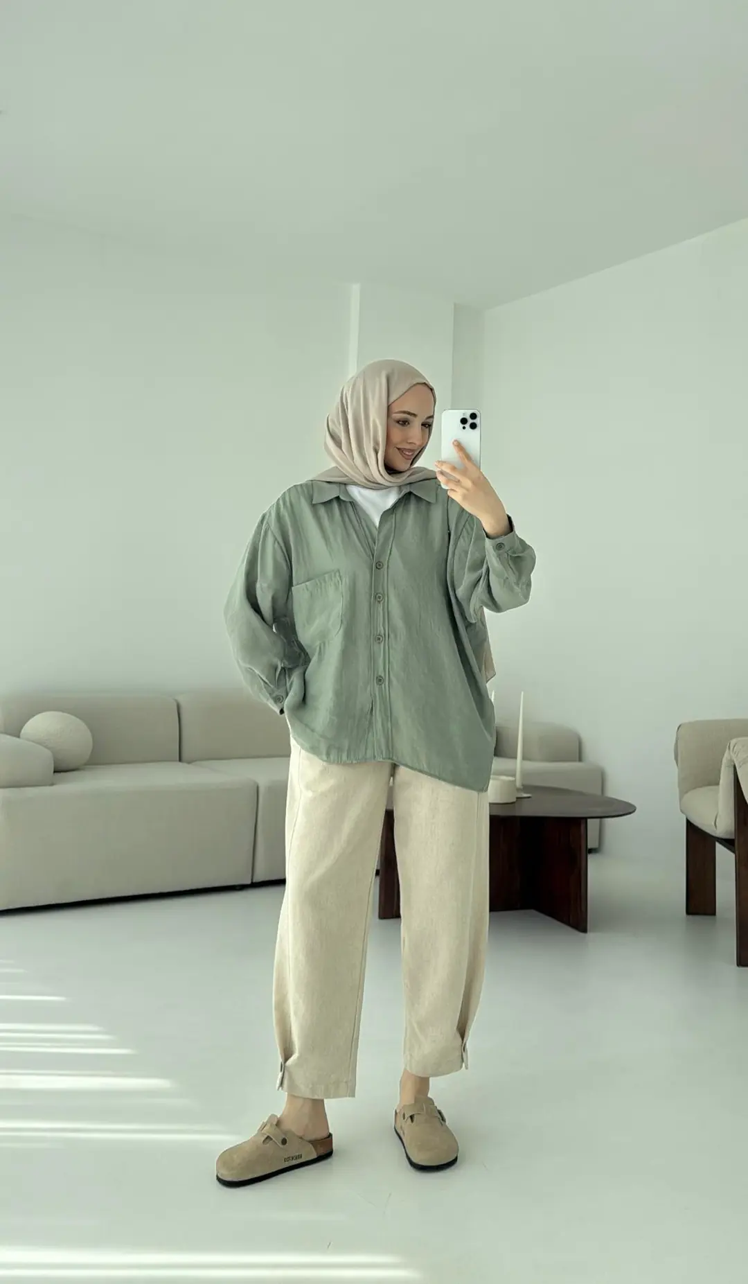 Düşük Omuz Oversize Gömlek Çağla - Görsel 3